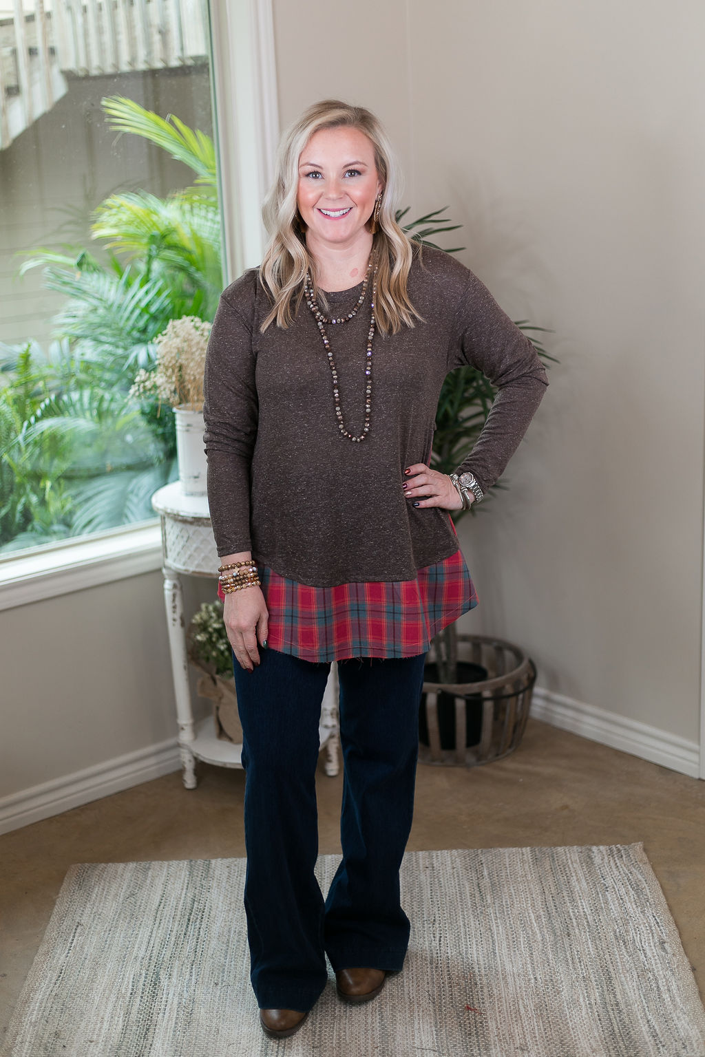 Last Chance Size Small | Start Right Here Knit Tunic with Magenta Plaid Raw Hem Trim in Mocha Brown - Giddy Up Glamour Boutique