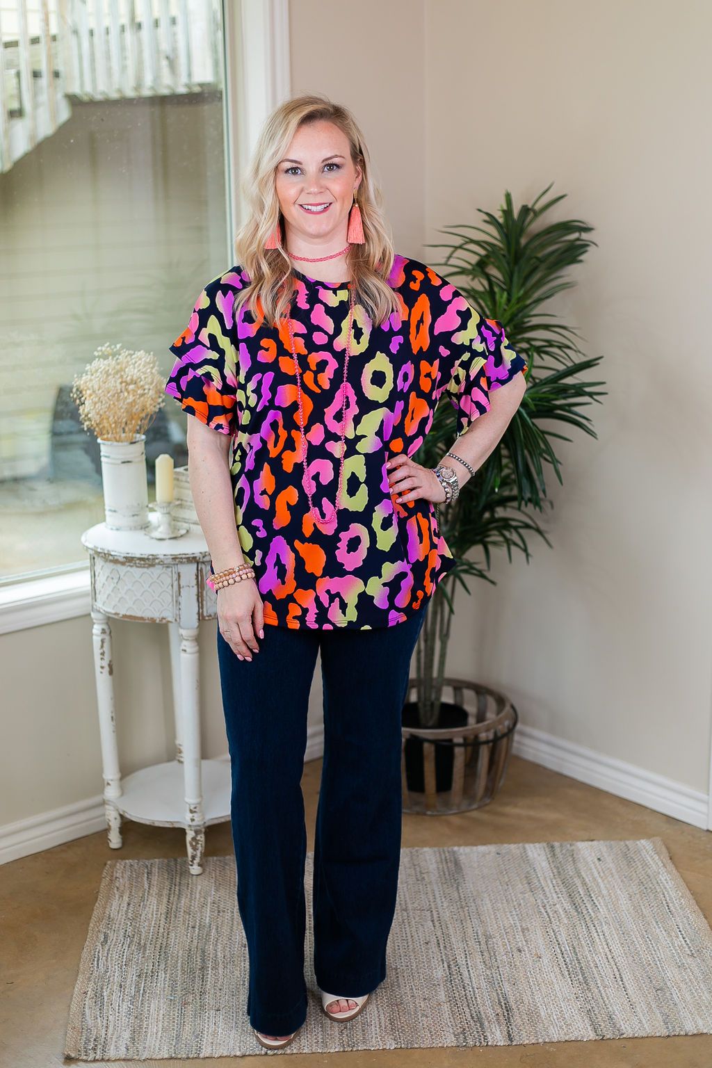 Set The Standard Short Sleeve Leopard Top with Ruffled Sleeves in Navy Multi