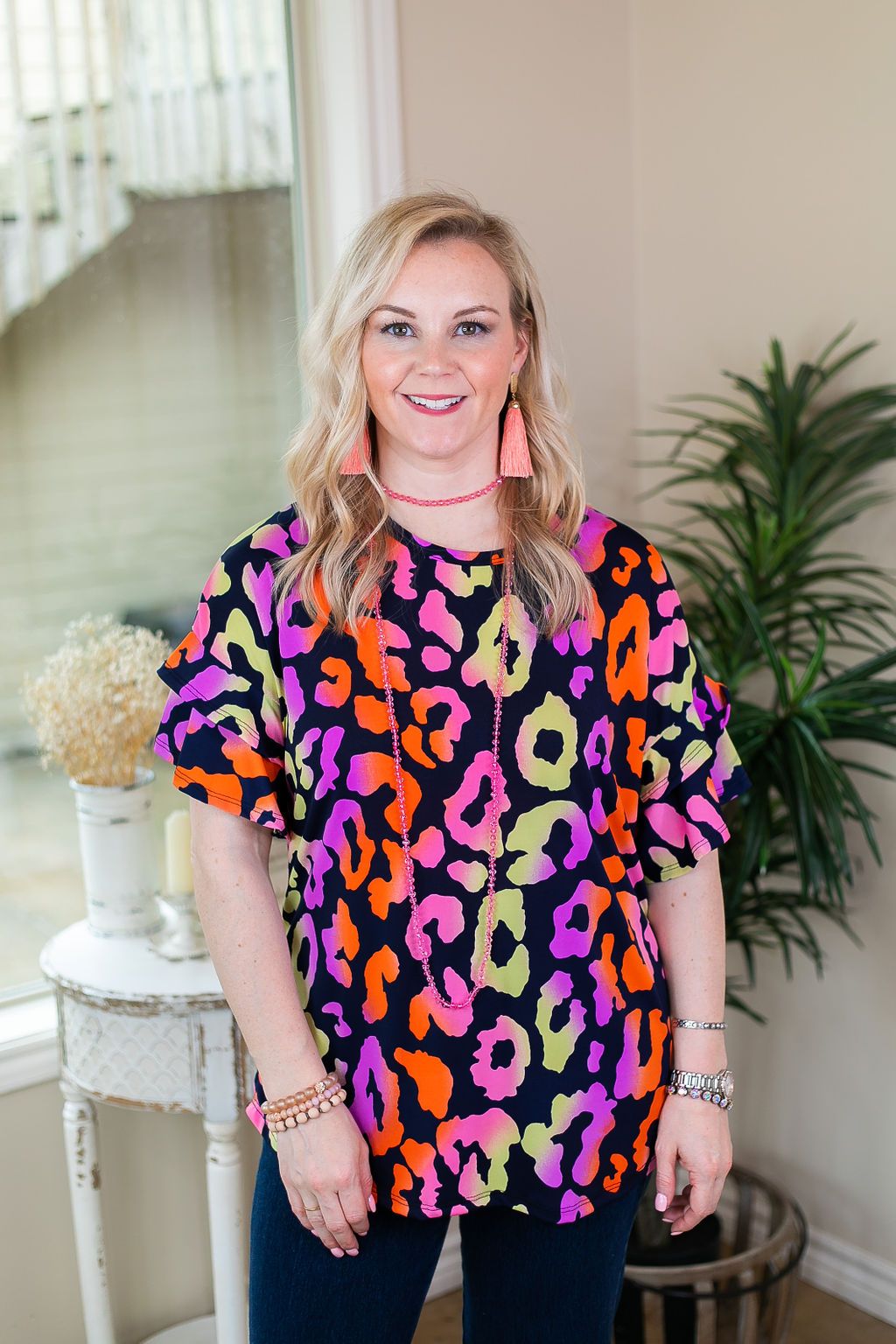 Set The Standard Short Sleeve Leopard Top with Ruffled Sleeves in Navy Multi