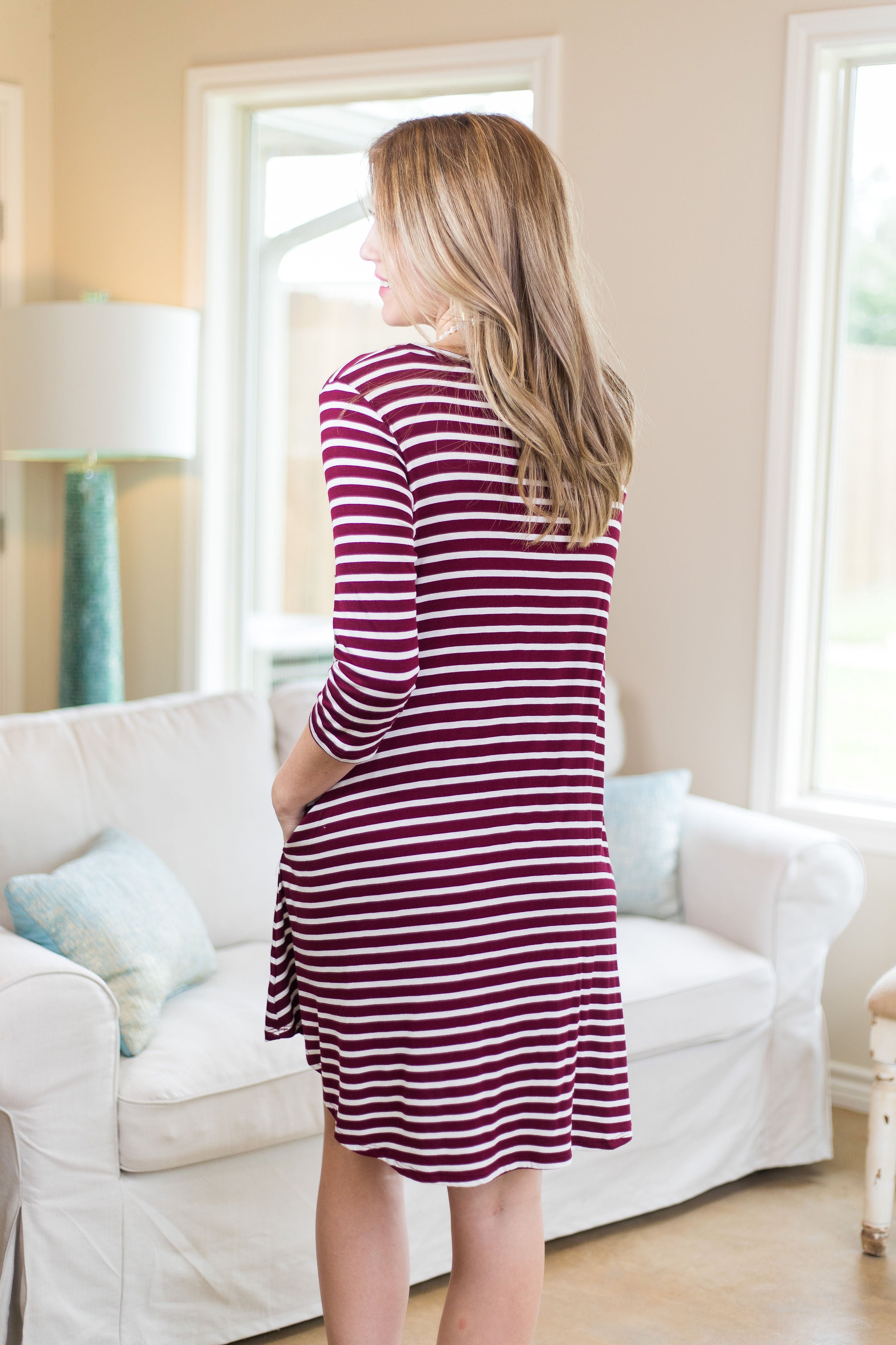 Last Chance Size Small | Earn Your Stripes 3/4 Sleeve Stripe Dress in Maroon - Giddy Up Glamour Boutique