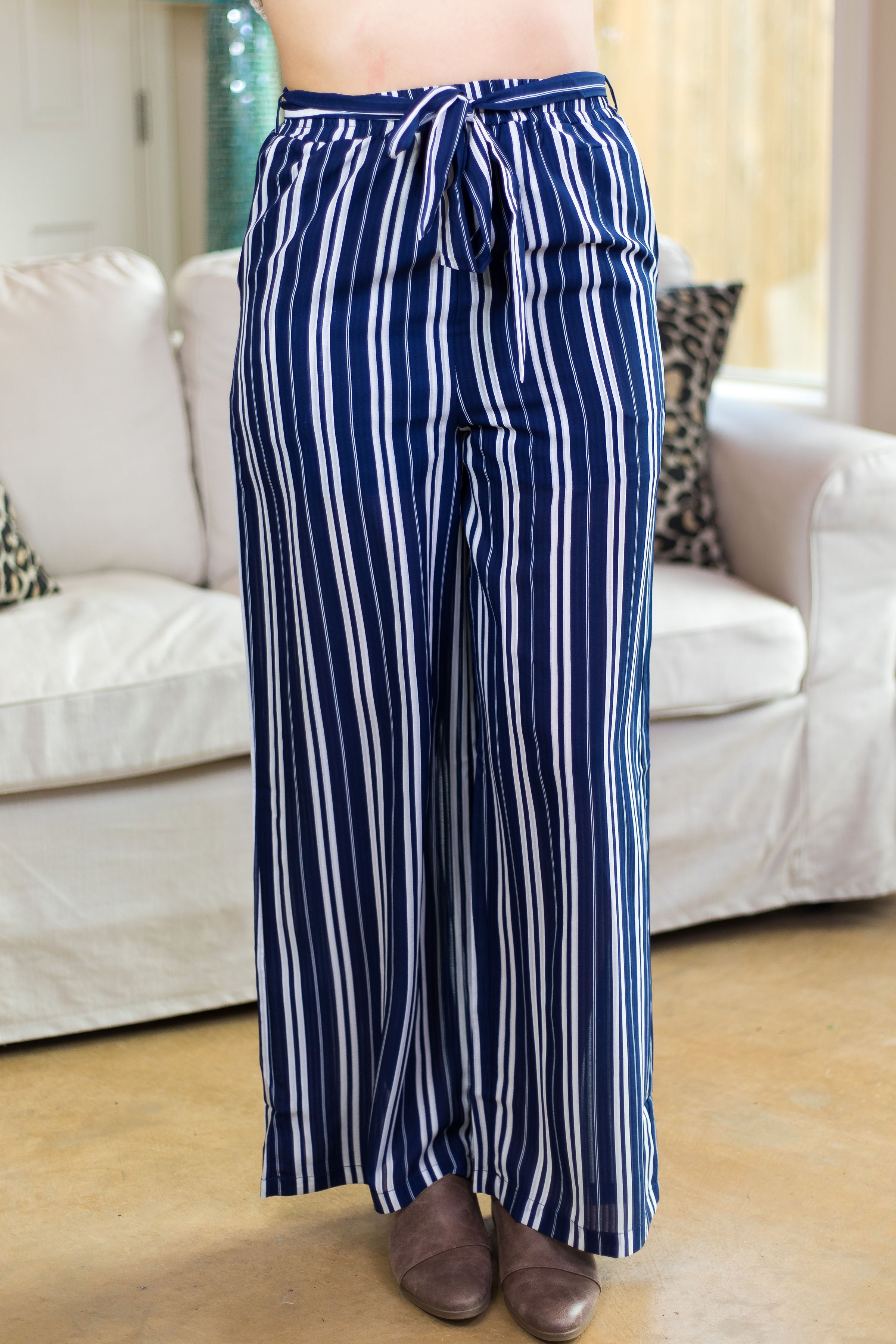 Last Chance Size Small | Out Of Line Stripe Wide Leg Pants in Navy Blue - Giddy Up Glamour Boutique