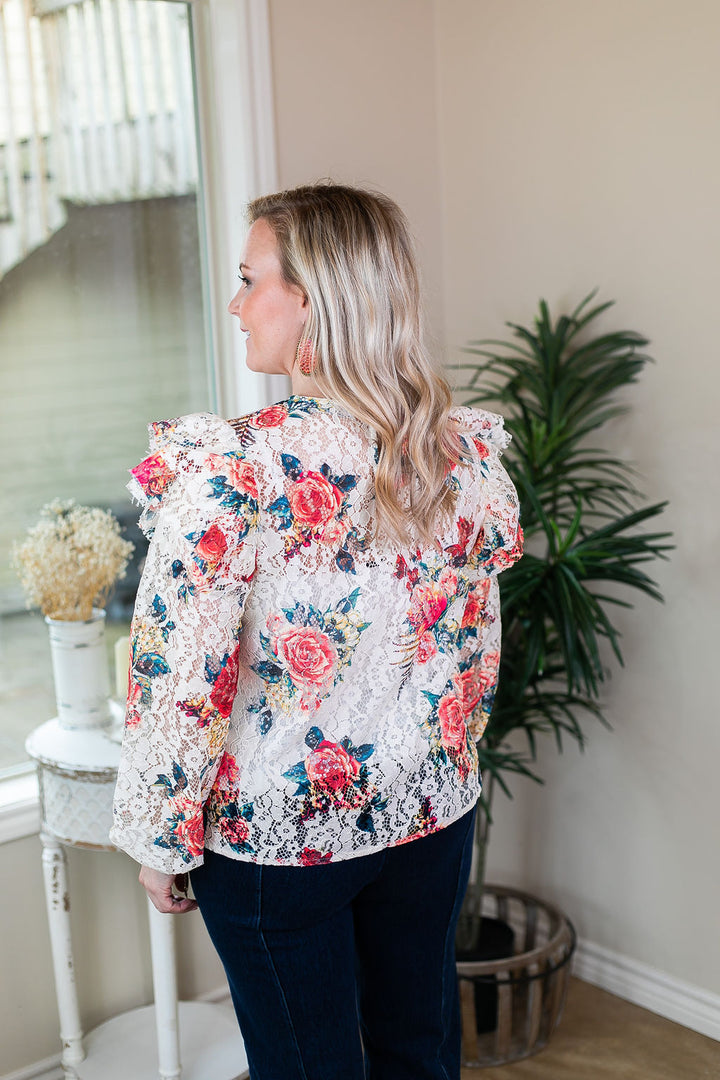 Must Be Magic Floral Lace Ruffle Top in Ivory - Giddy Up Glamour Boutique