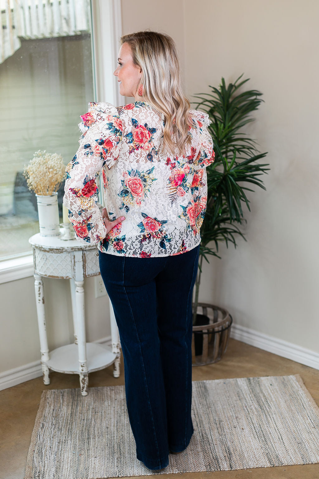 Must Be Magic Floral Lace Ruffle Top in Ivory - Giddy Up Glamour Boutique