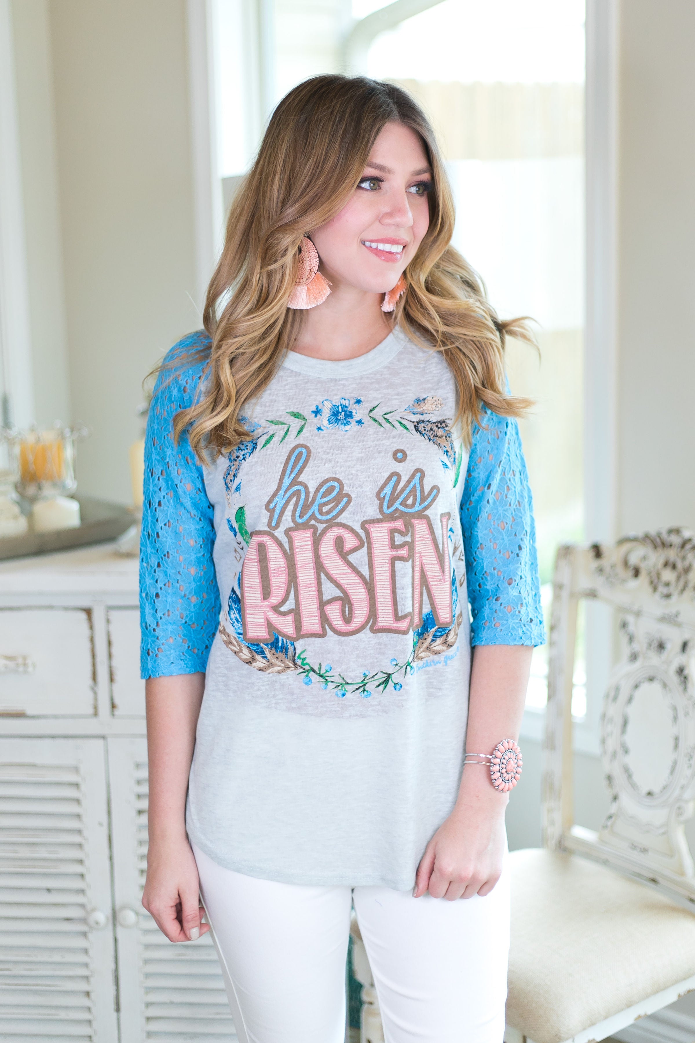 Easter graphic tee baseball top lace sleeves southern grace boutique trendy holiday christian based tees He is risen christ God