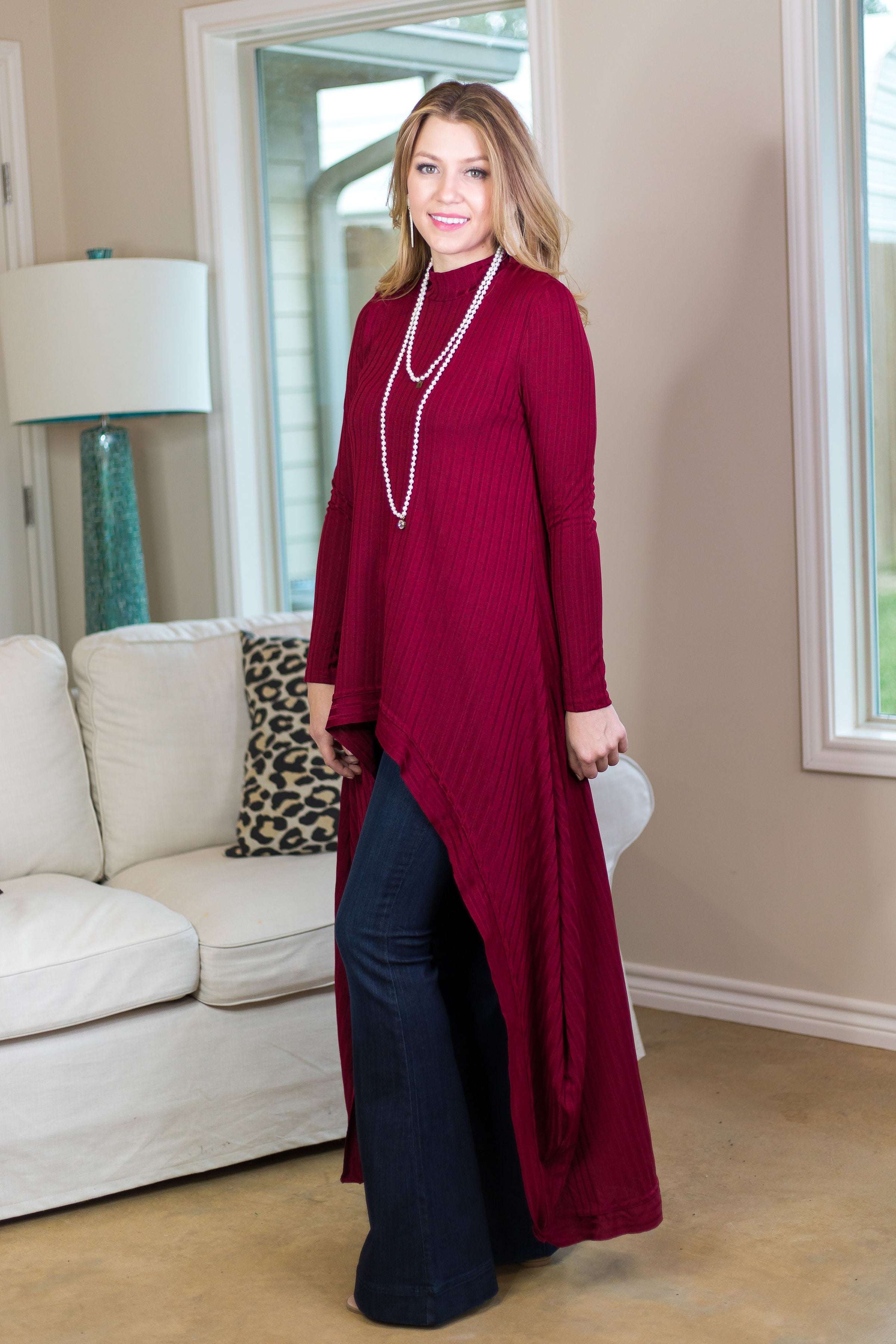 Last Chance Size Small | Statement Style Ribbed High Low Knit Top in Maroon - Giddy Up Glamour Boutique