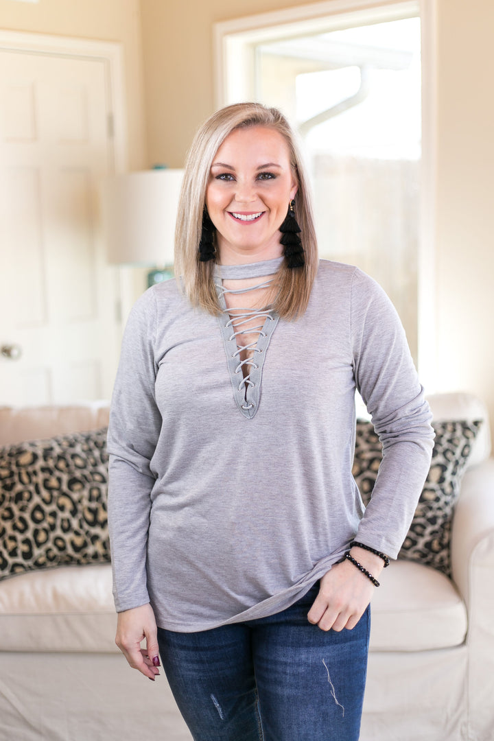 Last Chance Size S, XL, & 1XL | Good Girl Gone Rad Long Sleeve Lace Up Top in Heather Grey - Giddy Up Glamour Boutique