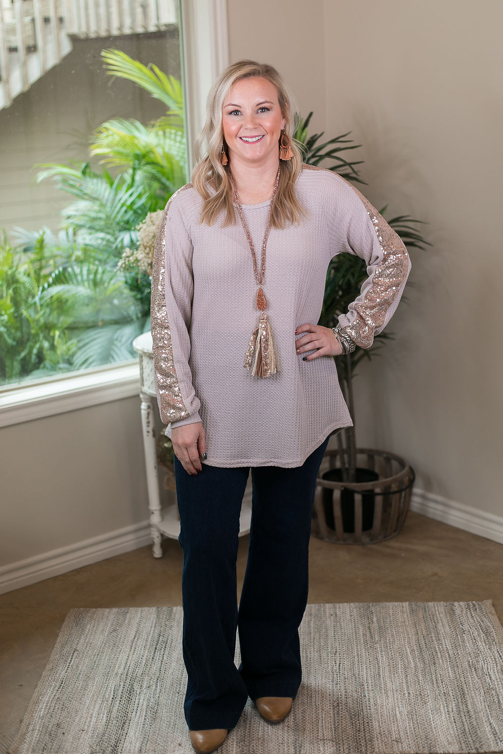 Find Your Happiness Knit Long Sleeve Top with Rose Gold Sequin Accents in Beige Ivory - Giddy Up Glamour Boutique