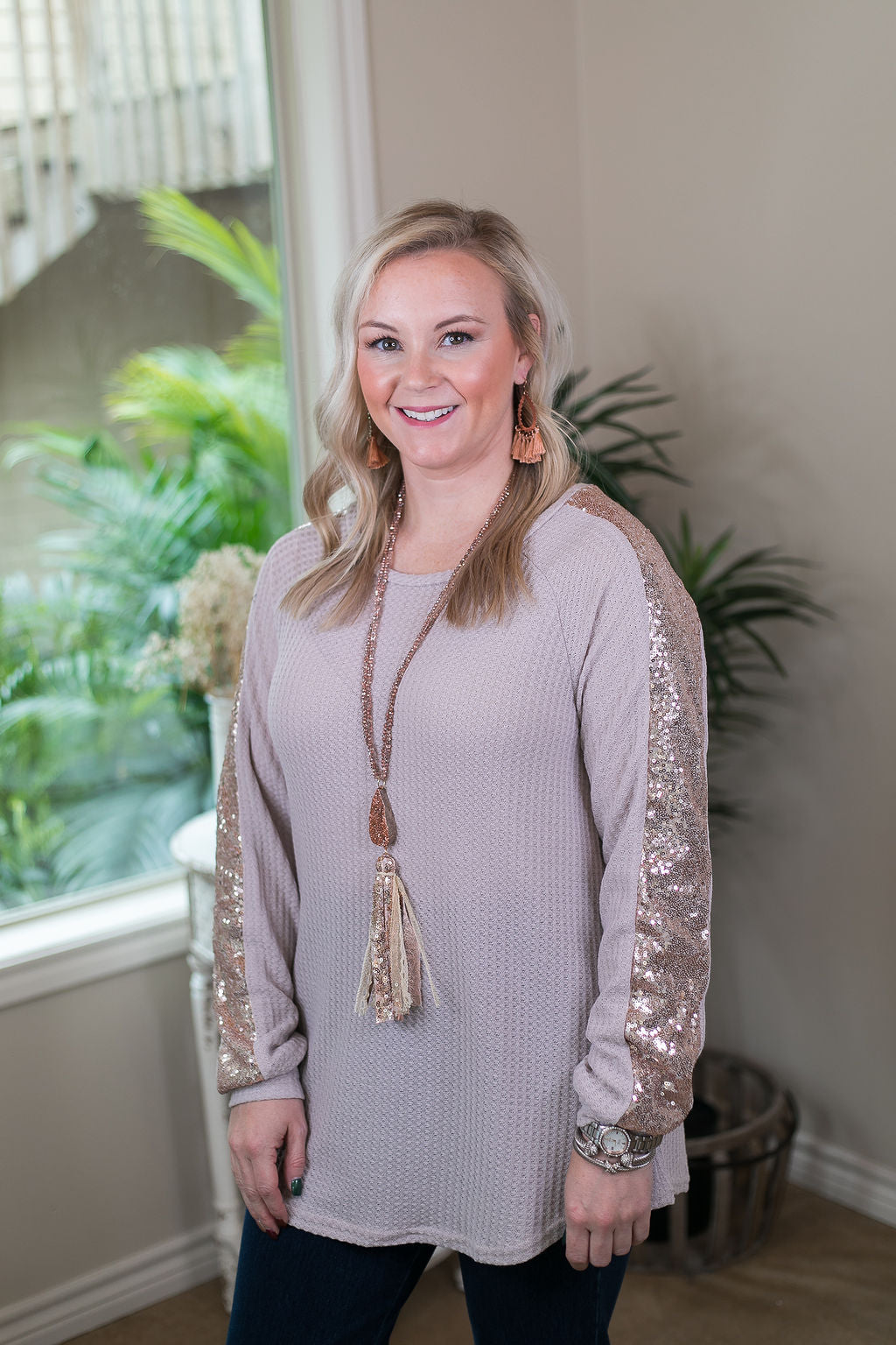 Find Your Happiness Knit Long Sleeve Top with Rose Gold Sequin Accents in Beige Ivory - Giddy Up Glamour Boutique