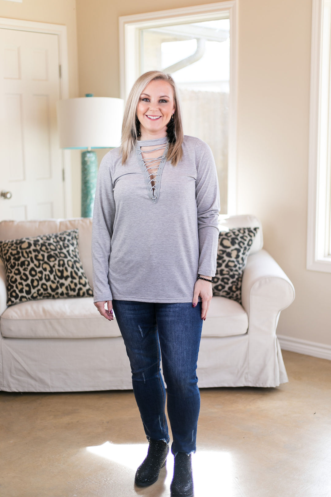 Last Chance Size S, XL, & 1XL | Good Girl Gone Rad Long Sleeve Lace Up Top in Heather Grey - Giddy Up Glamour Boutique