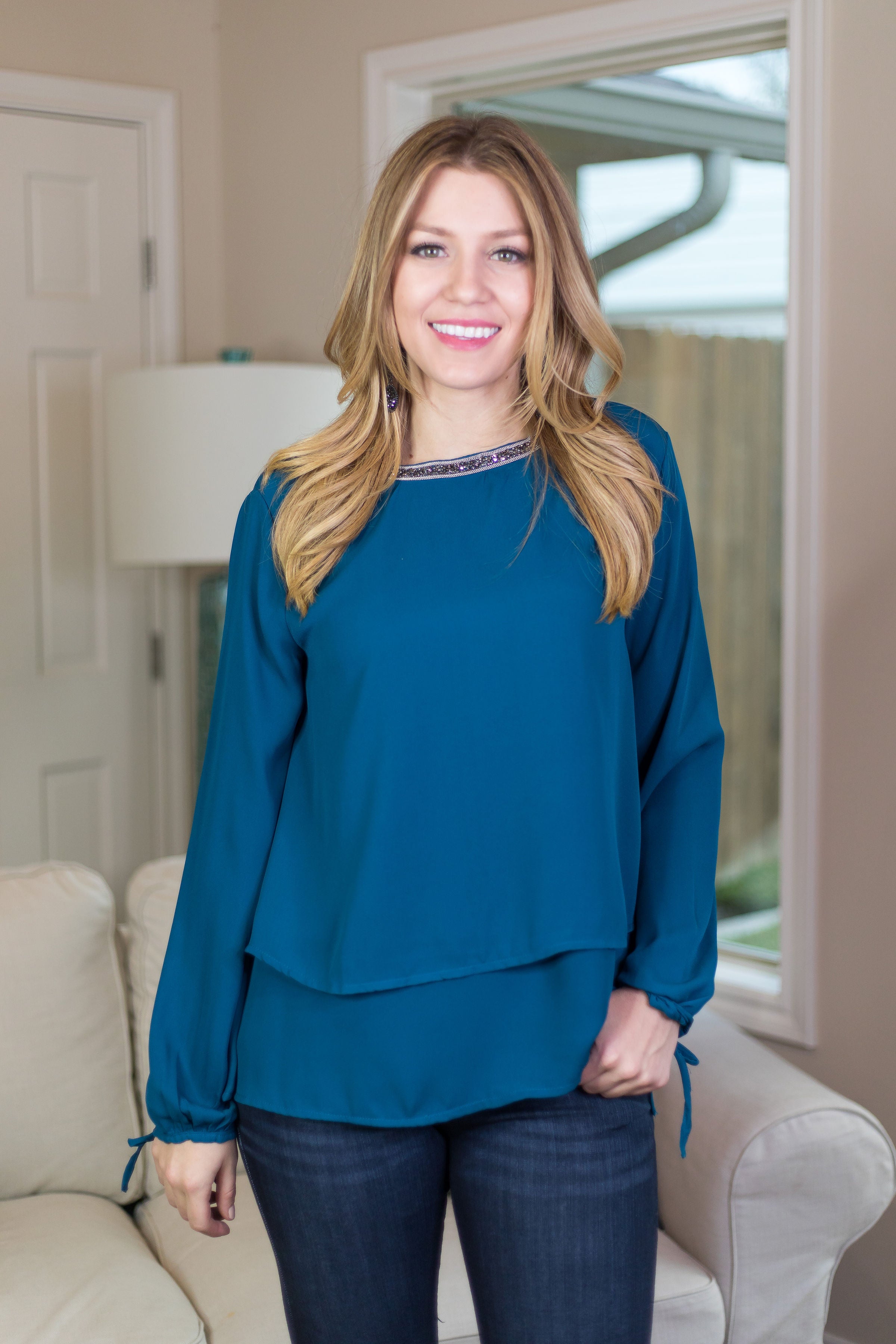 Last Chance Size Small & Med. | Glimmer in the Night Blouse with Beaded Neckline in Teal Blue - Giddy Up Glamour Boutique