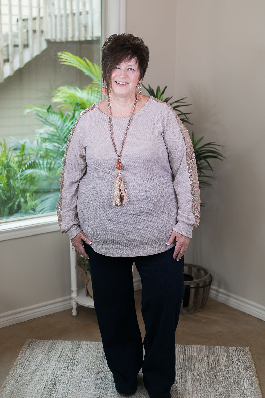 Find Your Happiness Knit Long Sleeve Top with Rose Gold Sequin Accents in Beige Ivory