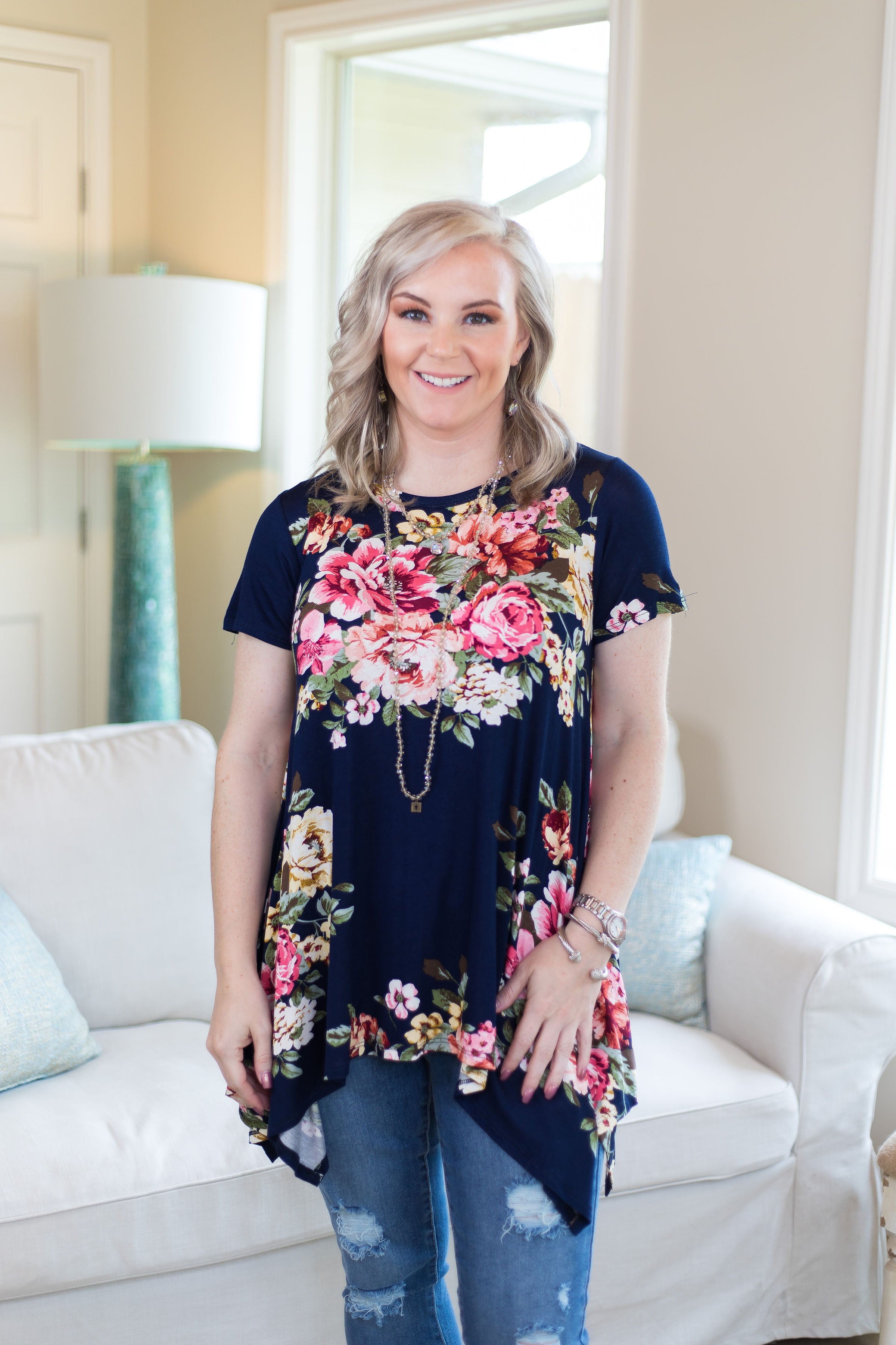 Last Chance Size Small | Keep You Around Short Sleeve Floral Trapeze Top in Navy Blue - Giddy Up Glamour Boutique