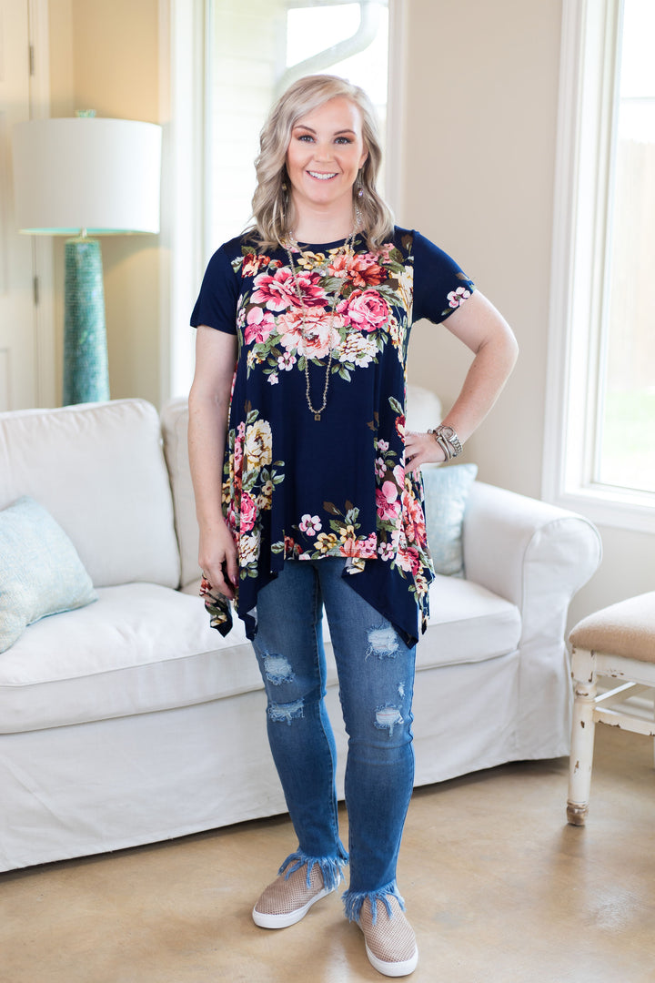 Last Chance Size Small | Keep You Around Short Sleeve Floral Trapeze Top in Navy Blue - Giddy Up Glamour Boutique