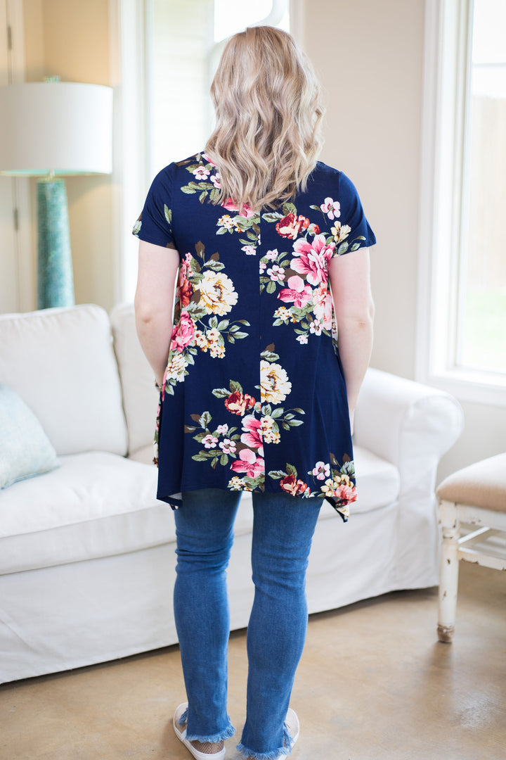 Last Chance Size Small | Keep You Around Short Sleeve Floral Trapeze Top in Navy Blue - Giddy Up Glamour Boutique