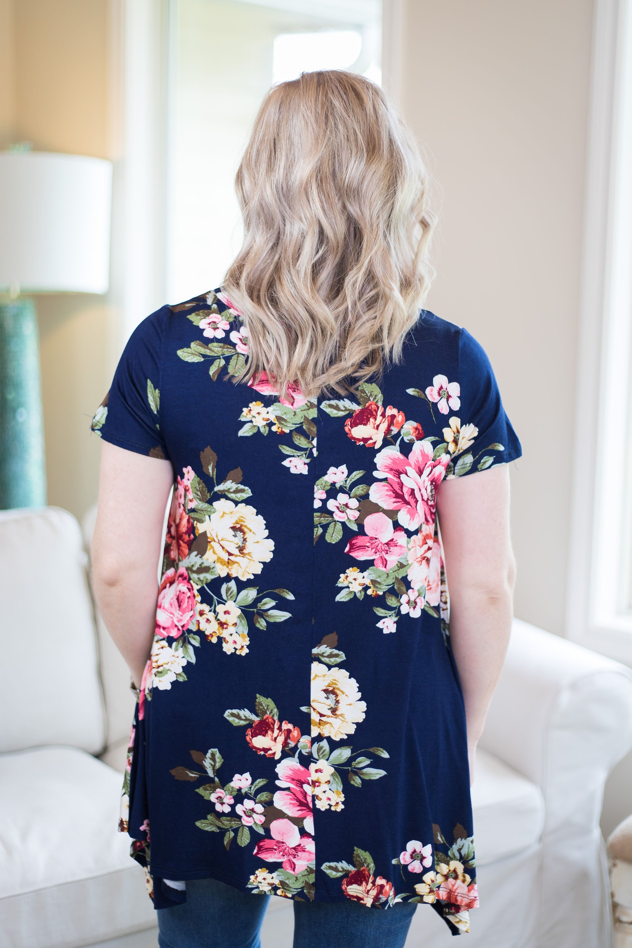 Last Chance Size Small | Keep You Around Short Sleeve Floral Trapeze Top in Navy Blue - Giddy Up Glamour Boutique