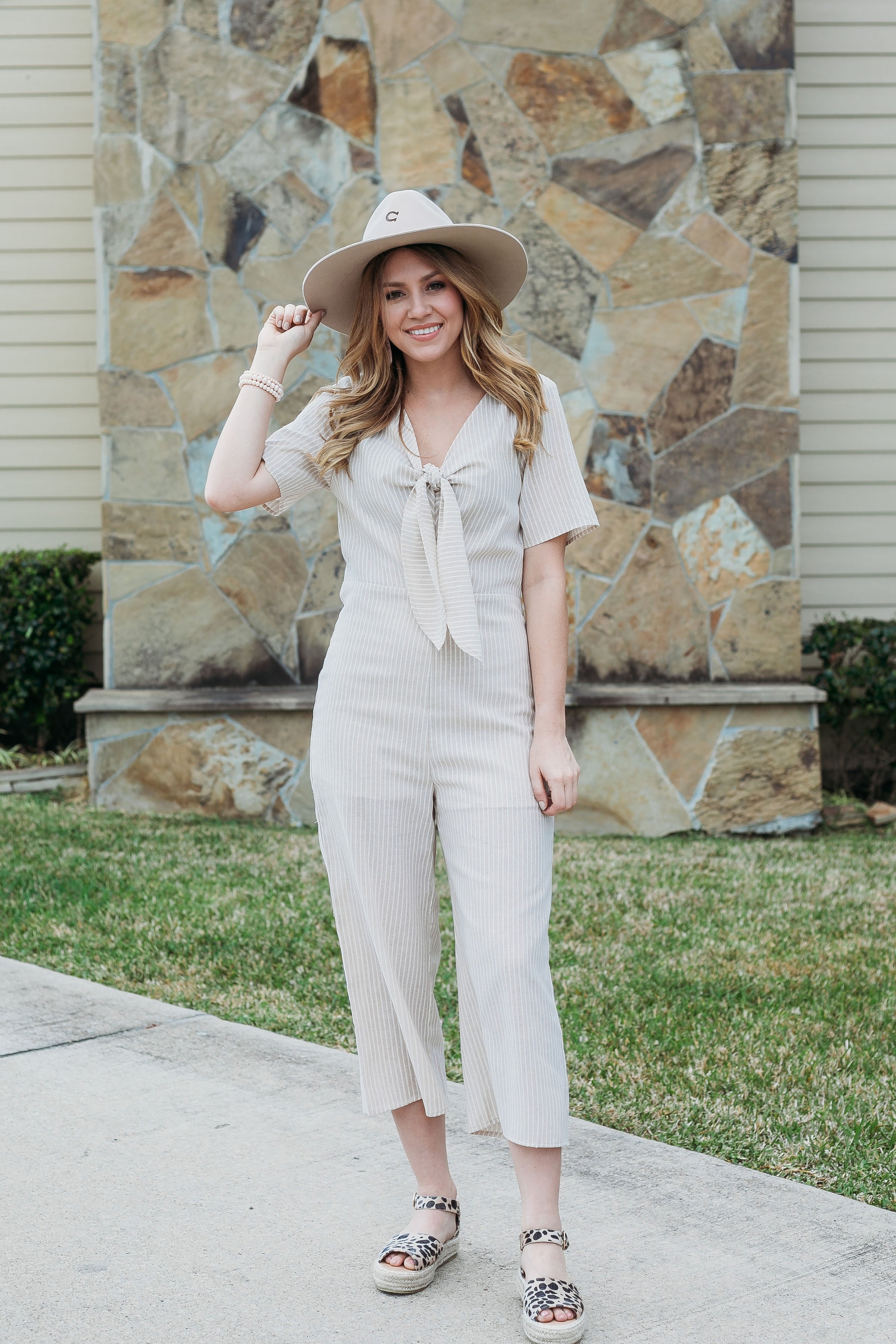 hint at perfection Women's trendy missy boutique clothing affordable clothing jumper jumpsuit romper stripe taupe khaki bohemian 