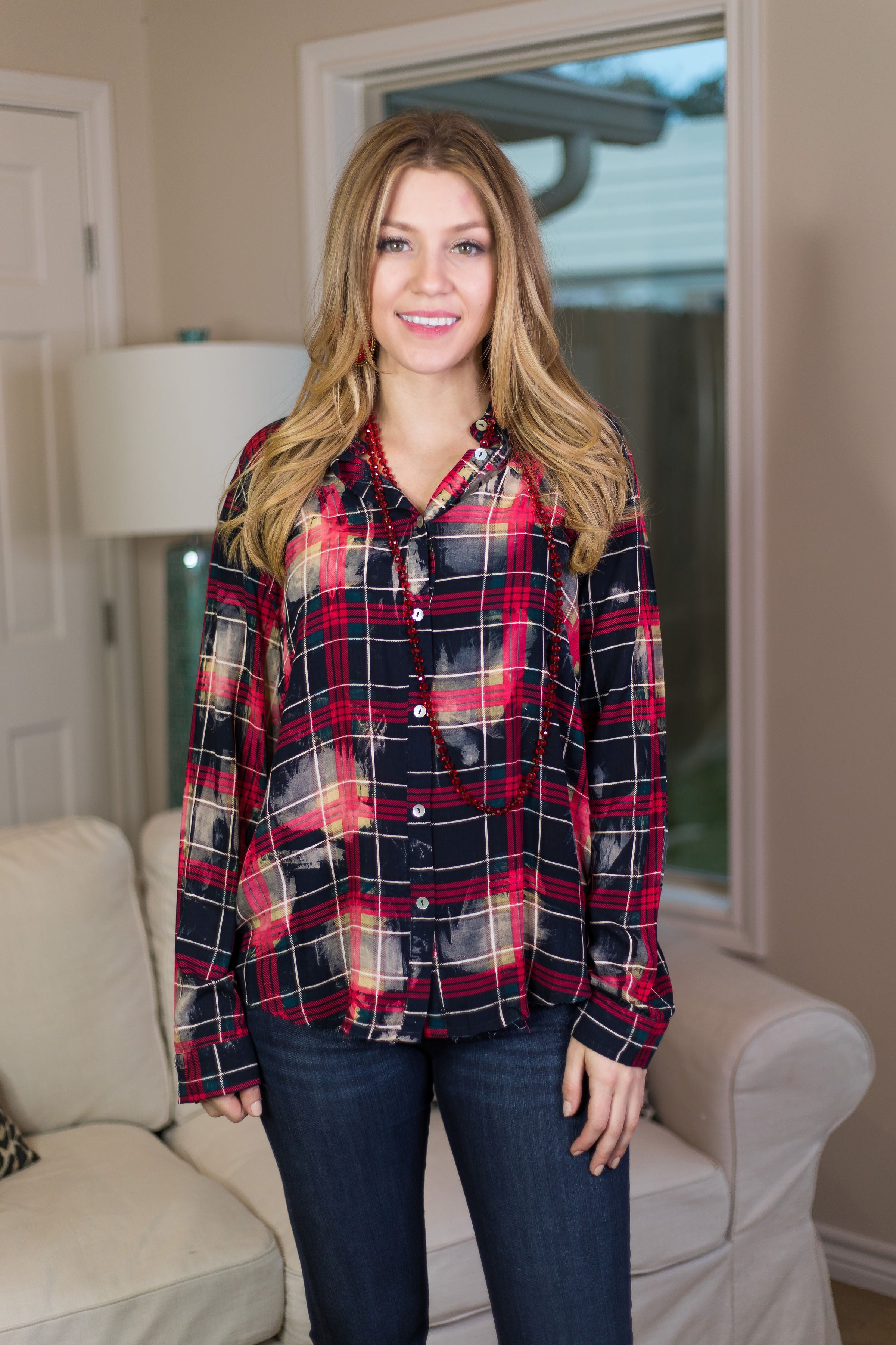 Last Chance Size Small & Medium | No Worries Bleached Plaid Button Up Shirt in Red - Giddy Up Glamour Boutique