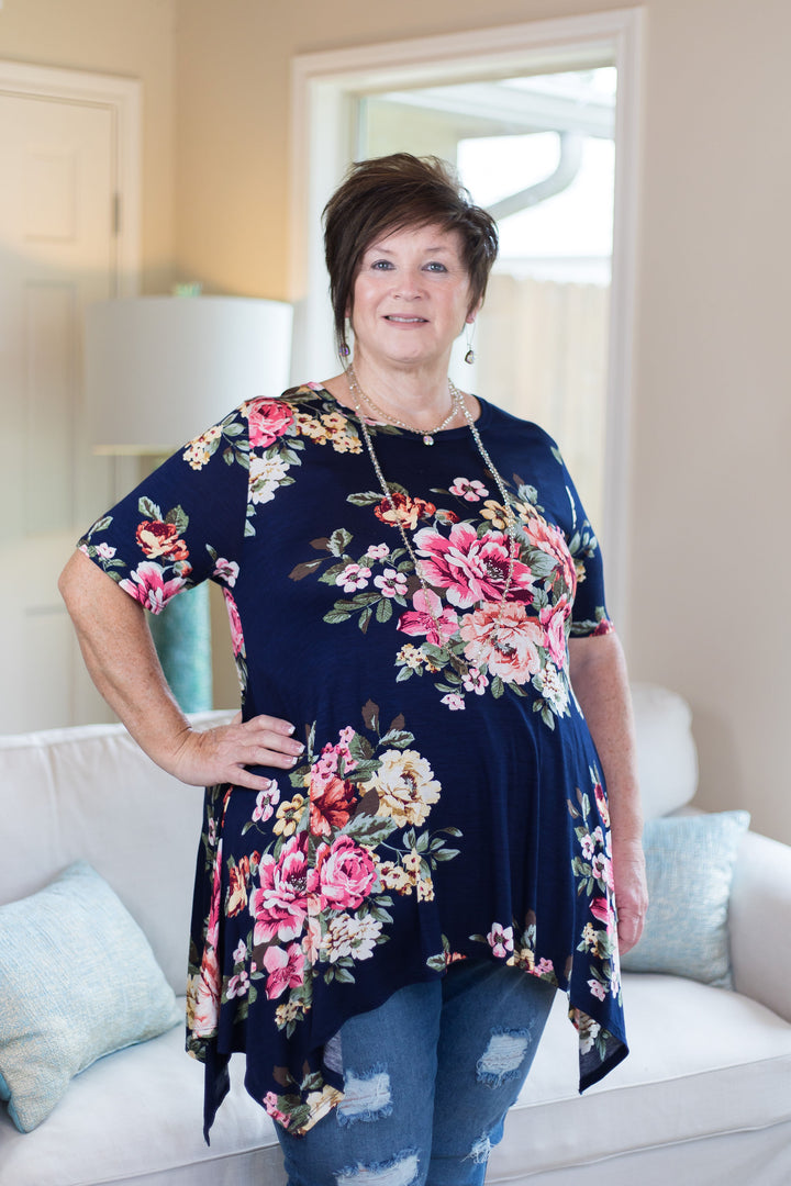 Last Chance Size Small | Keep You Around Short Sleeve Floral Trapeze Top in Navy Blue - Giddy Up Glamour Boutique