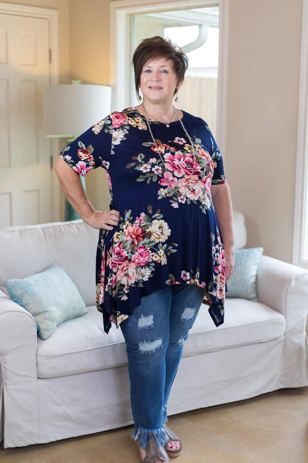 Last Chance Size Small | Keep You Around Short Sleeve Floral Trapeze Top in Navy Blue - Giddy Up Glamour Boutique