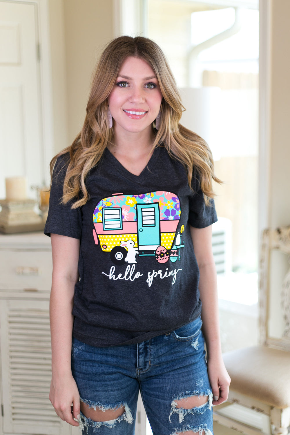 Hello Spring Camper Short Sleeve Tee Shirt in Charcoal Grey - Giddy Up Glamour Boutique