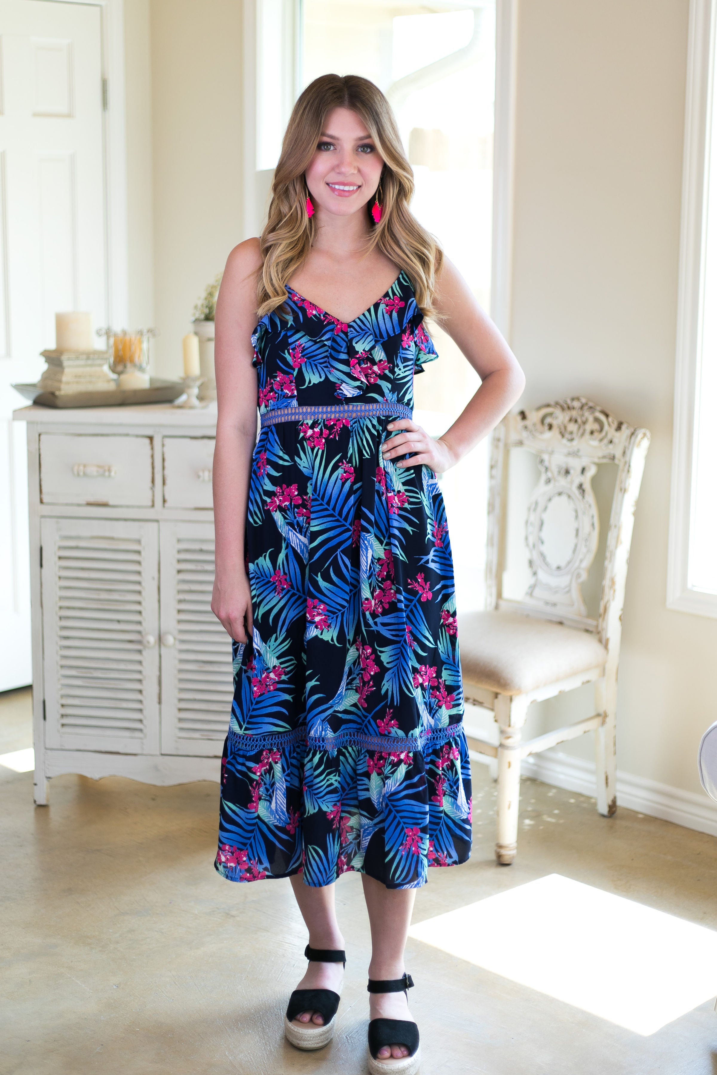 Last Chance Size Small | Palm My Way Ruffle Palm Leaf Print Dress - Giddy Up Glamour Boutique