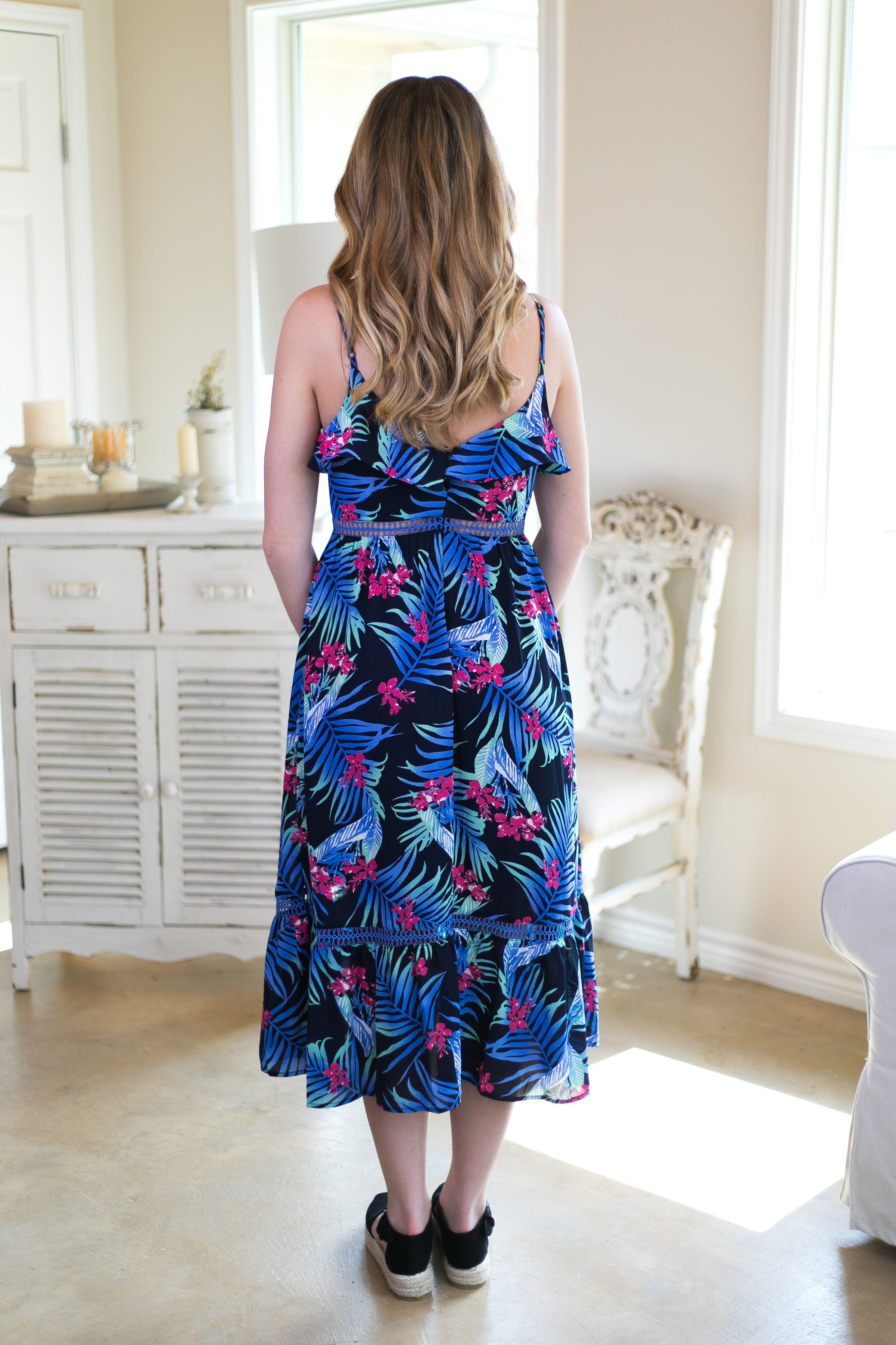 Last Chance Size Small | Palm My Way Ruffle Palm Leaf Print Dress - Giddy Up Glamour Boutique