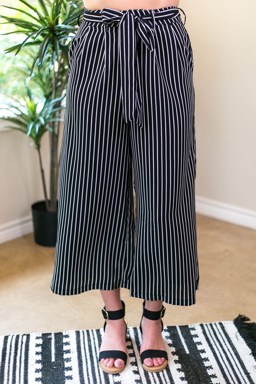 Favorite Lines Stripe Culotte Pants in Black - Giddy Up Glamour Boutique