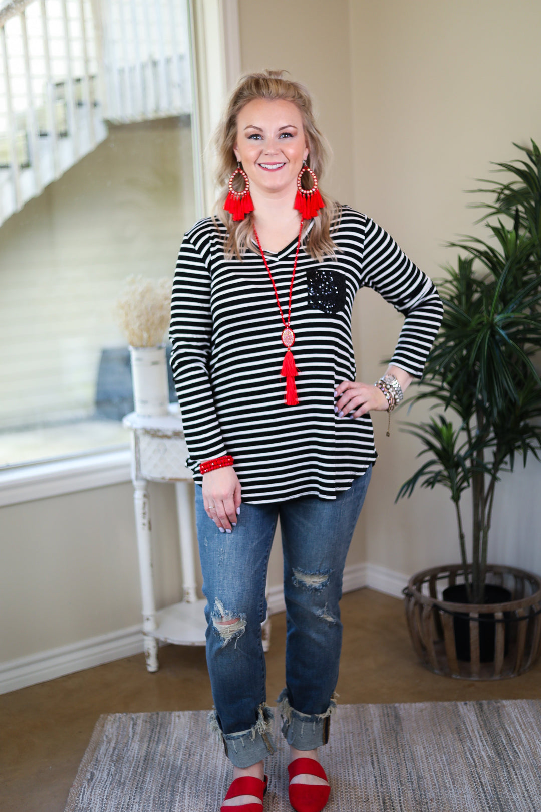 Sparkle Just Right Sequin Long Sleeve Striped Pocket Tee in Black