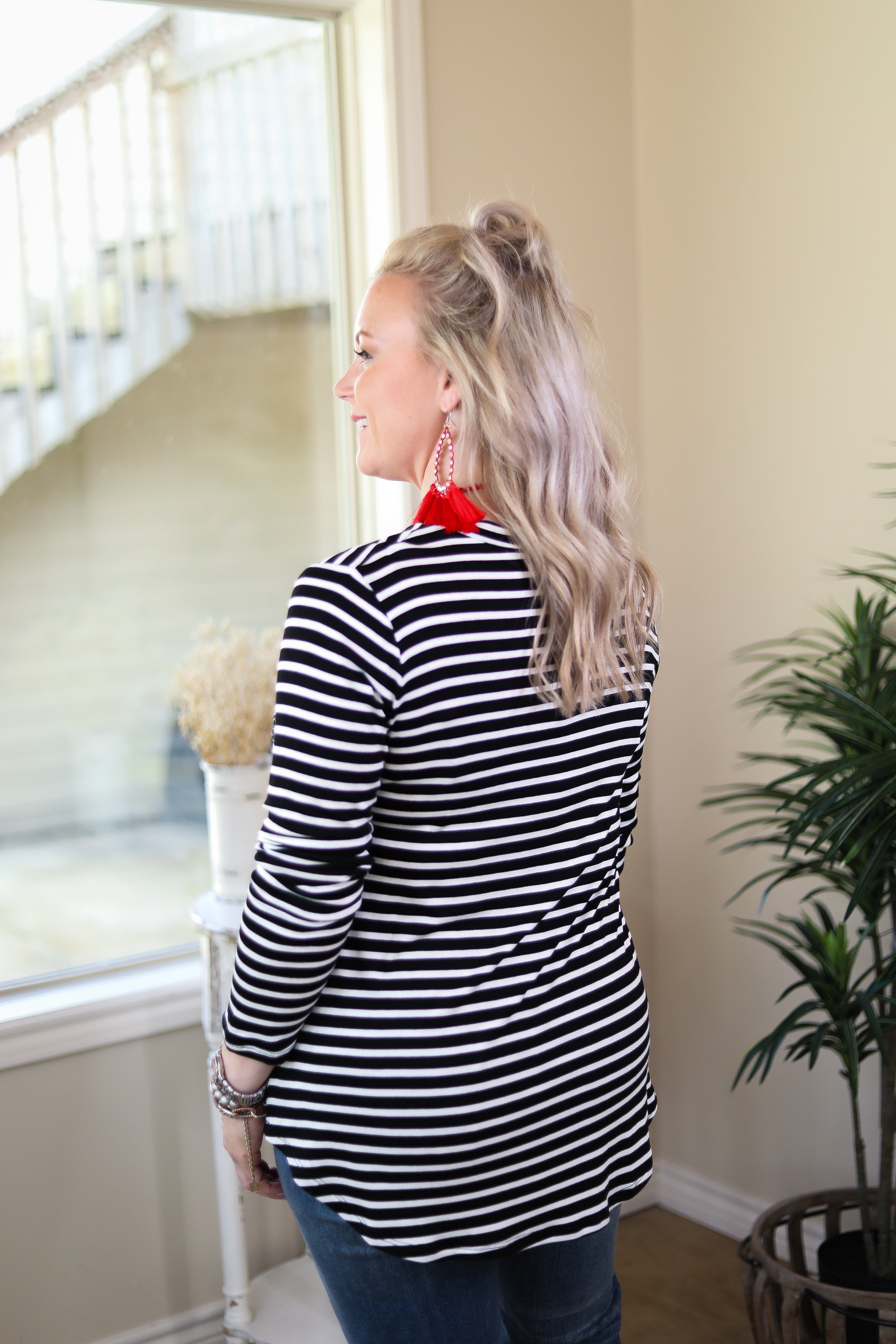 Last Chance Size S & M | Sparkle Just Right Sequin Long Sleeve Striped Pocket Tee in Black - Giddy Up Glamour Boutique