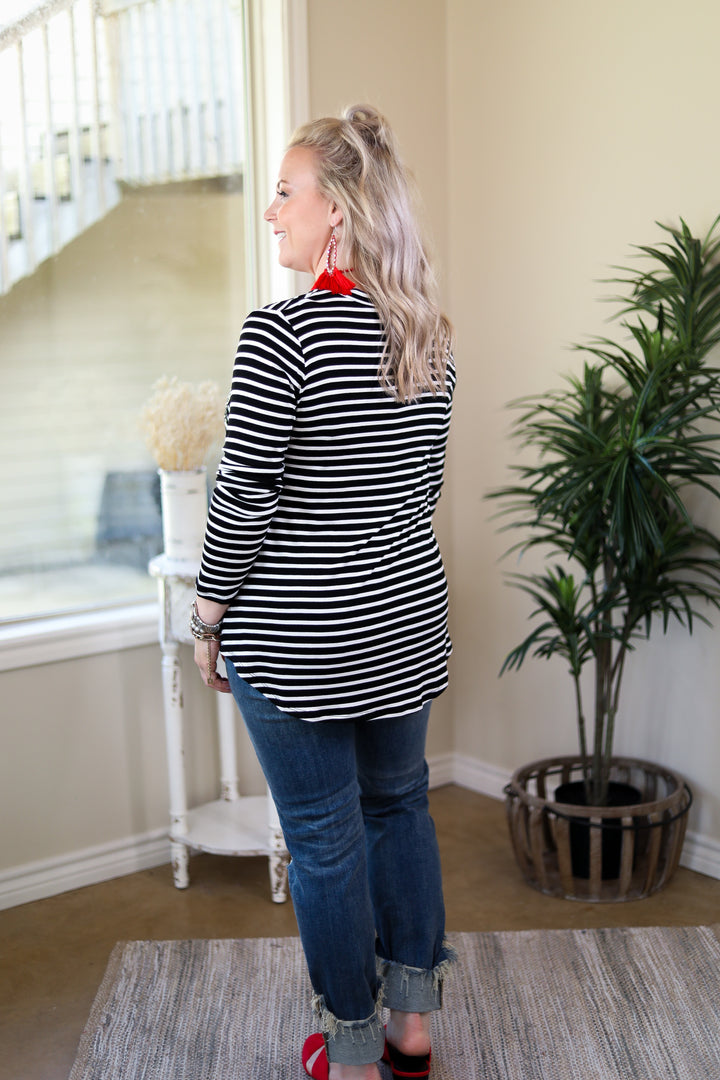 Last Chance Size S & M | Sparkle Just Right Sequin Long Sleeve Striped Pocket Tee in Black - Giddy Up Glamour Boutique