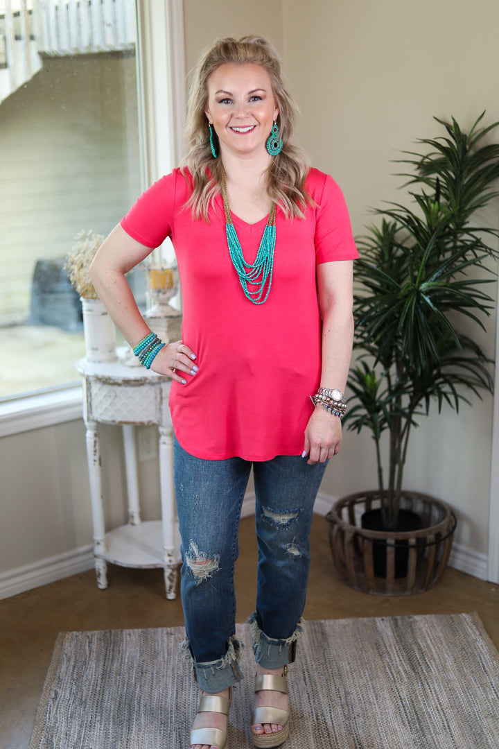 Simply The Best V Neck Short Sleeve Tee Shirt in Coral pink soft & sexy short sleeve top