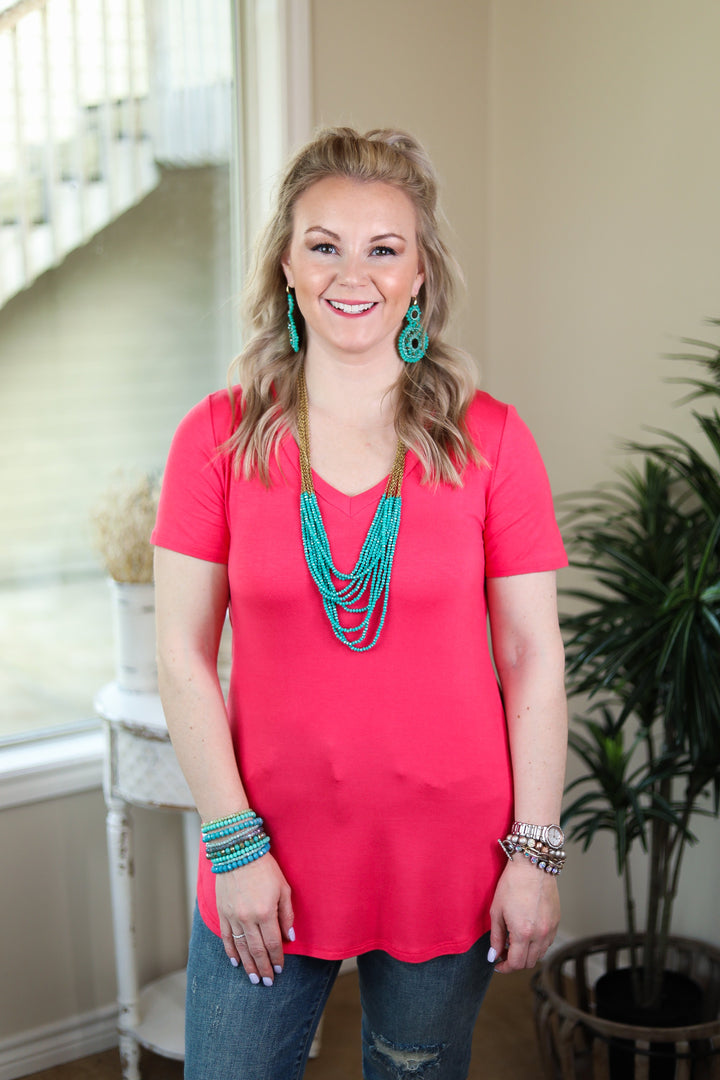 Simply The Best V Neck Short Sleeve Tee Shirt in Coral pink soft & sexy short sleeve top