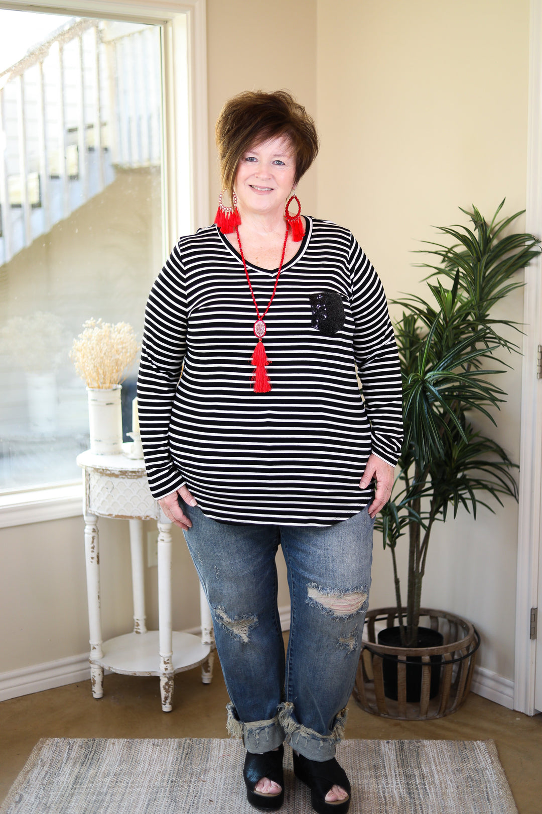 Sparkle Just Right Sequin Long Sleeve Striped Pocket Tee in Black