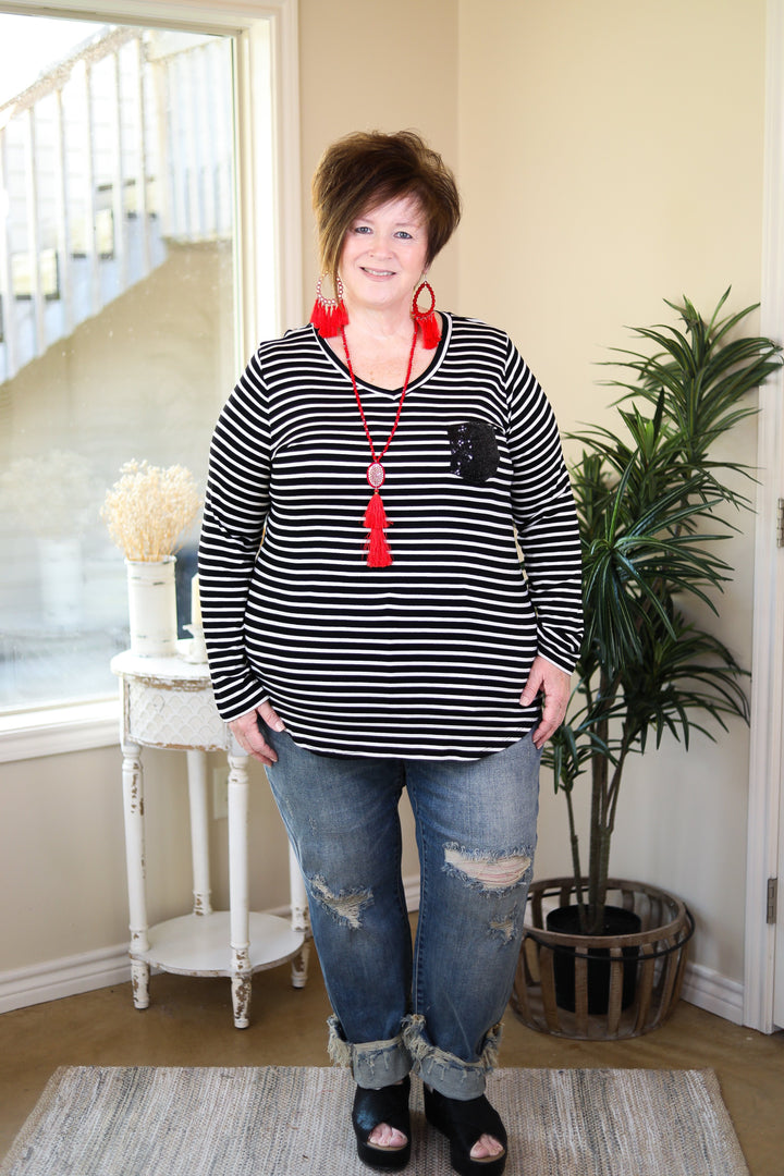 Sparkle Just Right Sequin Long Sleeve Striped Pocket Tee in Black