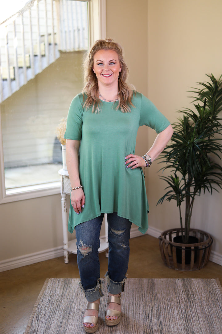 Whenever This Happens Solid Handkerchief Tunic Top in Sage Green - Giddy Up Glamour Boutique