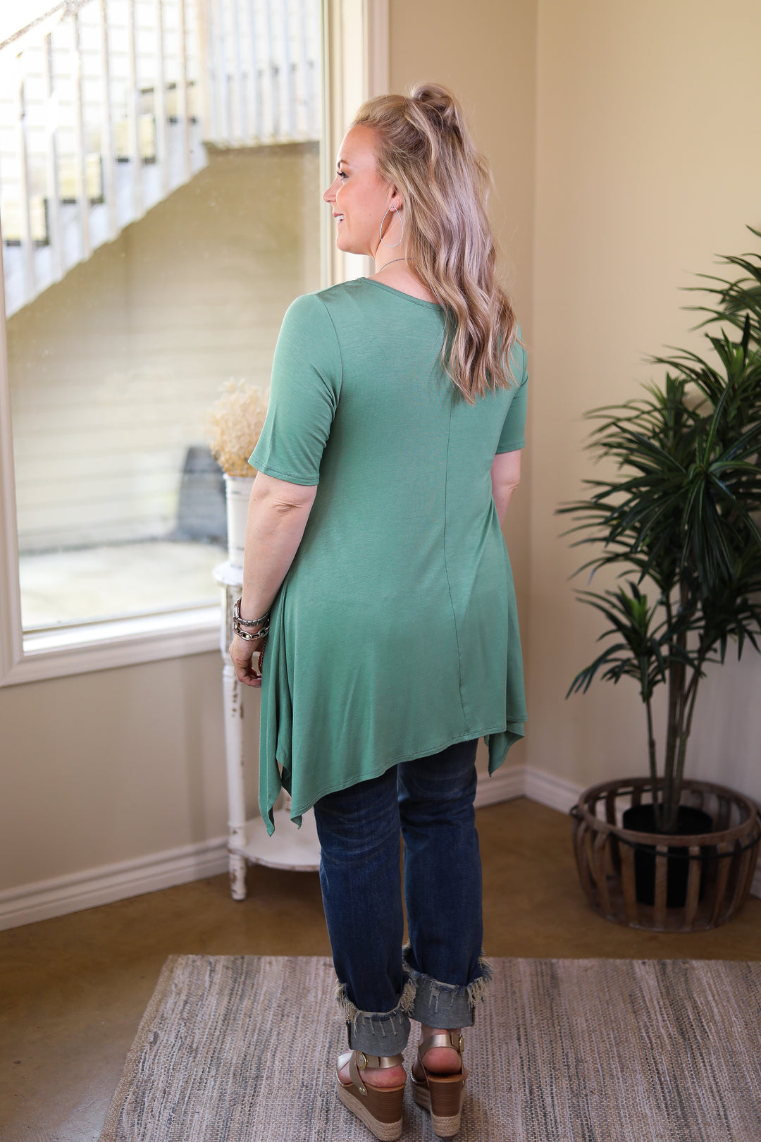 Whenever This Happens Solid Handkerchief Tunic Top in Sage Green - Giddy Up Glamour Boutique