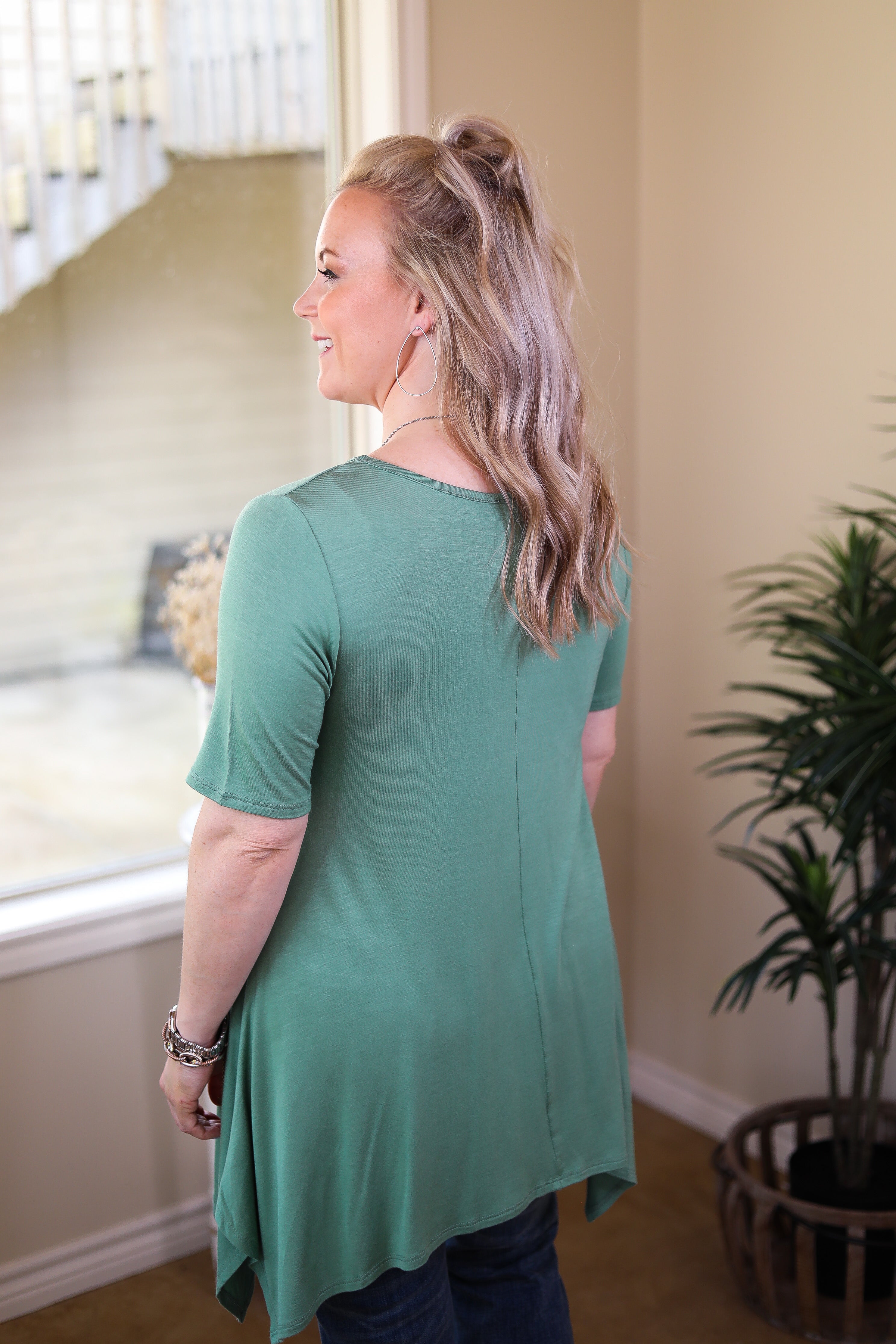 Whenever This Happens Solid Handkerchief Tunic Top in Sage Green - Giddy Up Glamour Boutique