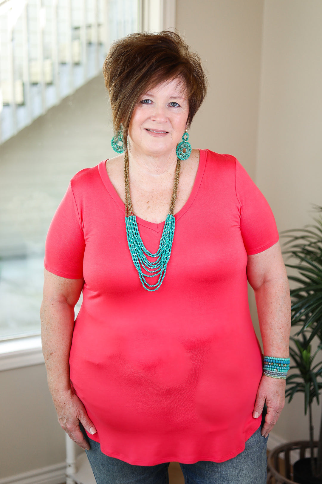 Simply The Best V Neck Short Sleeve Tee Shirt in Coral pink soft & sexy short sleeve top