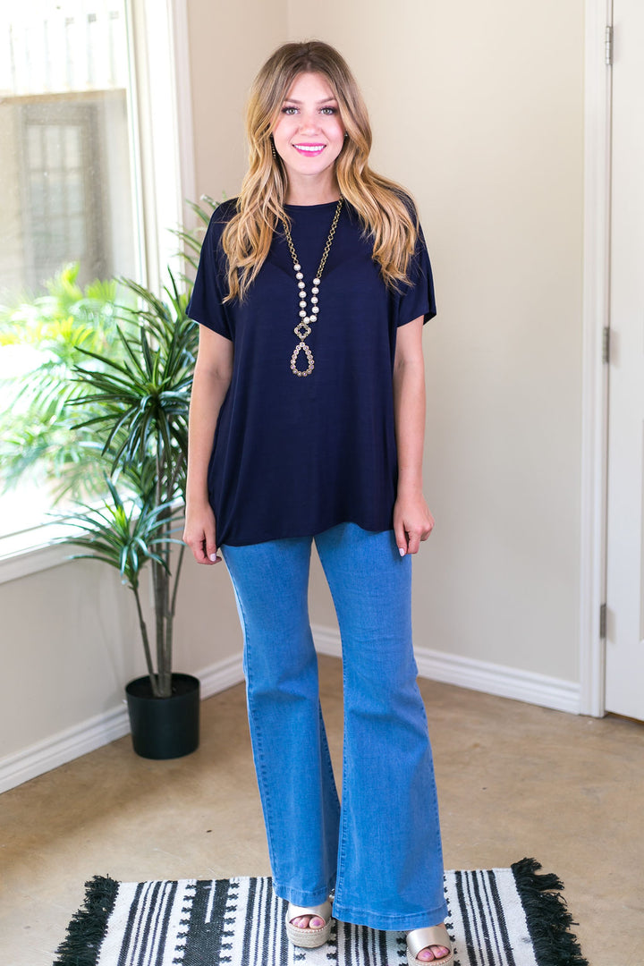 Last Chance Size Small | Everyday Basics Drop Sleeve Solid Piko Top in Navy Blue - Giddy Up Glamour Boutique