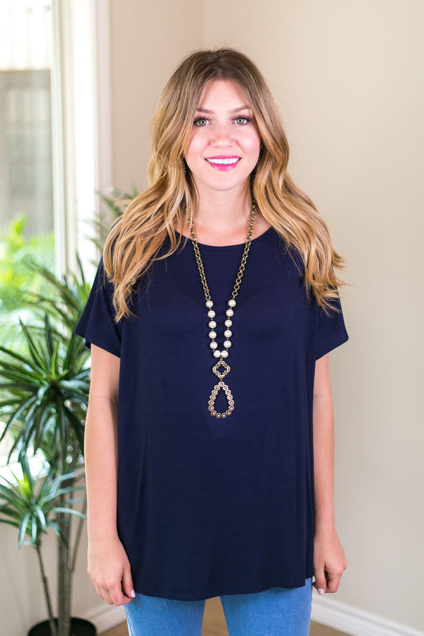 Last Chance Size Small | Everyday Basics Drop Sleeve Solid Piko Top in Navy Blue