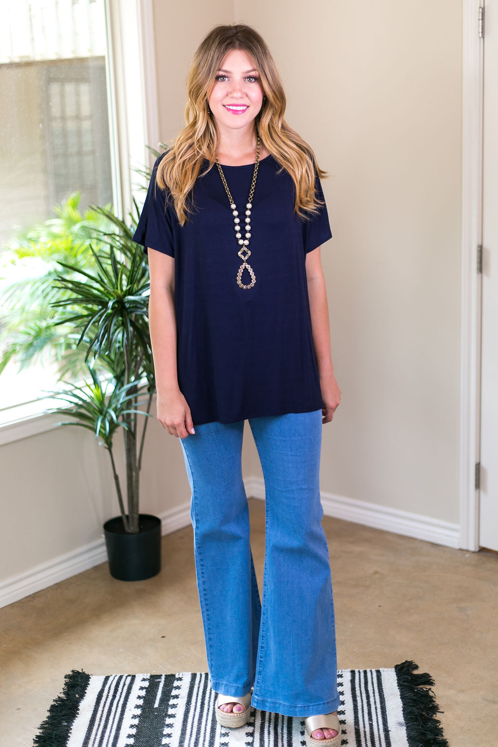 Last Chance Size Small | Everyday Basics Drop Sleeve Solid Piko Top in Navy Blue - Giddy Up Glamour Boutique