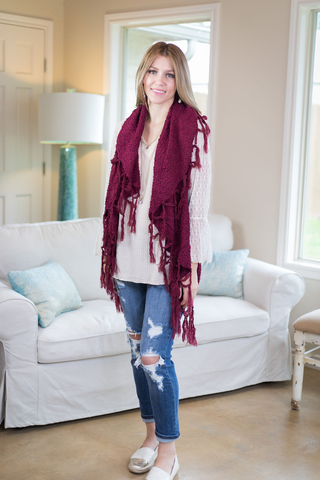Sunday Sights Vest with Tassel Trim in Maroon - Giddy Up Glamour Boutique