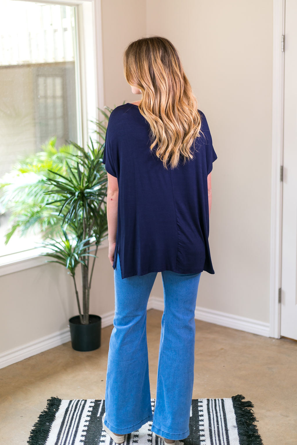 Last Chance Size Small | Everyday Basics Drop Sleeve Solid Piko Top in Navy Blue