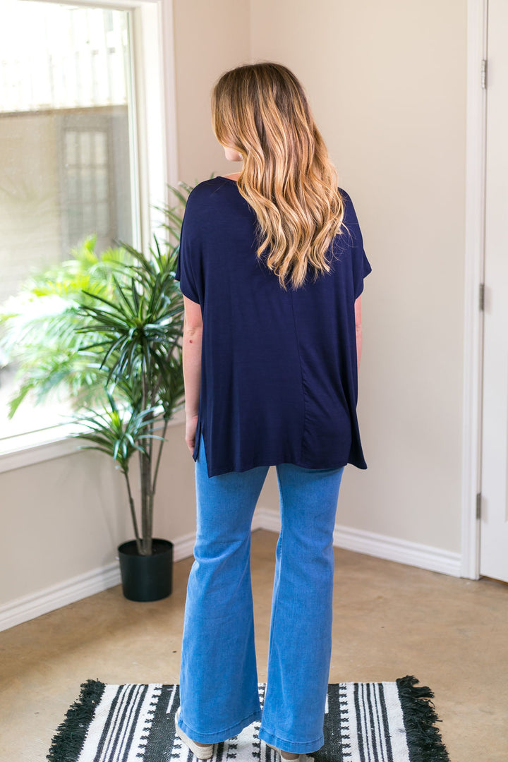 Last Chance Size Small | Everyday Basics Drop Sleeve Solid Piko Top in Navy Blue - Giddy Up Glamour Boutique