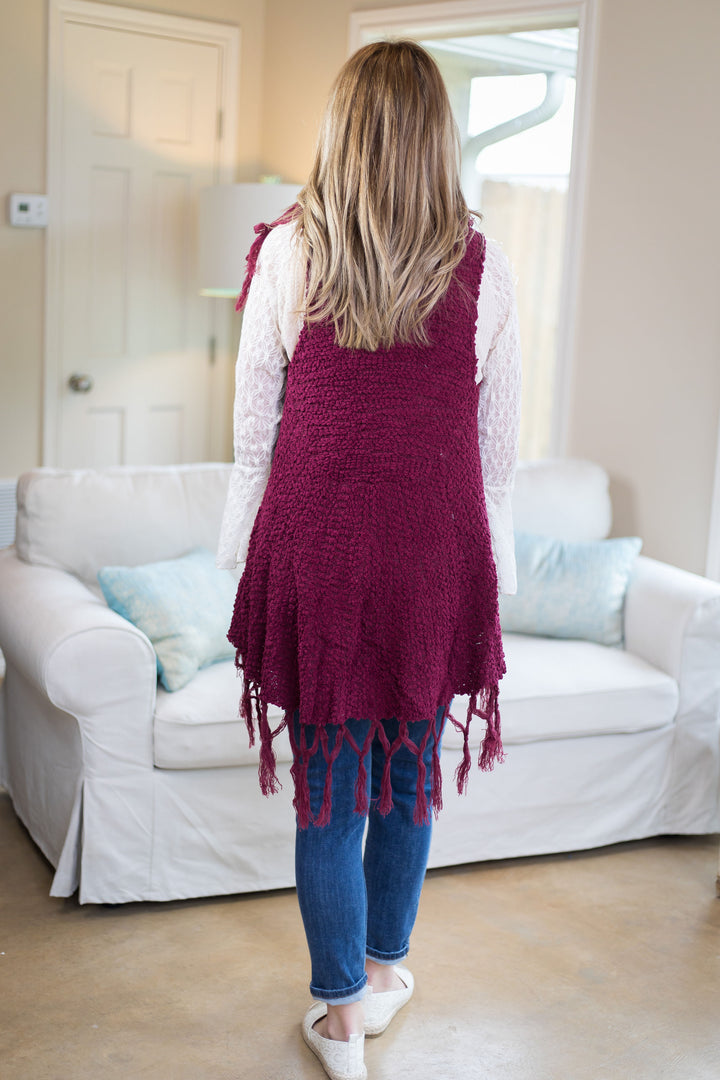 Sunday Sights Vest with Tassel Trim in Maroon - Giddy Up Glamour Boutique