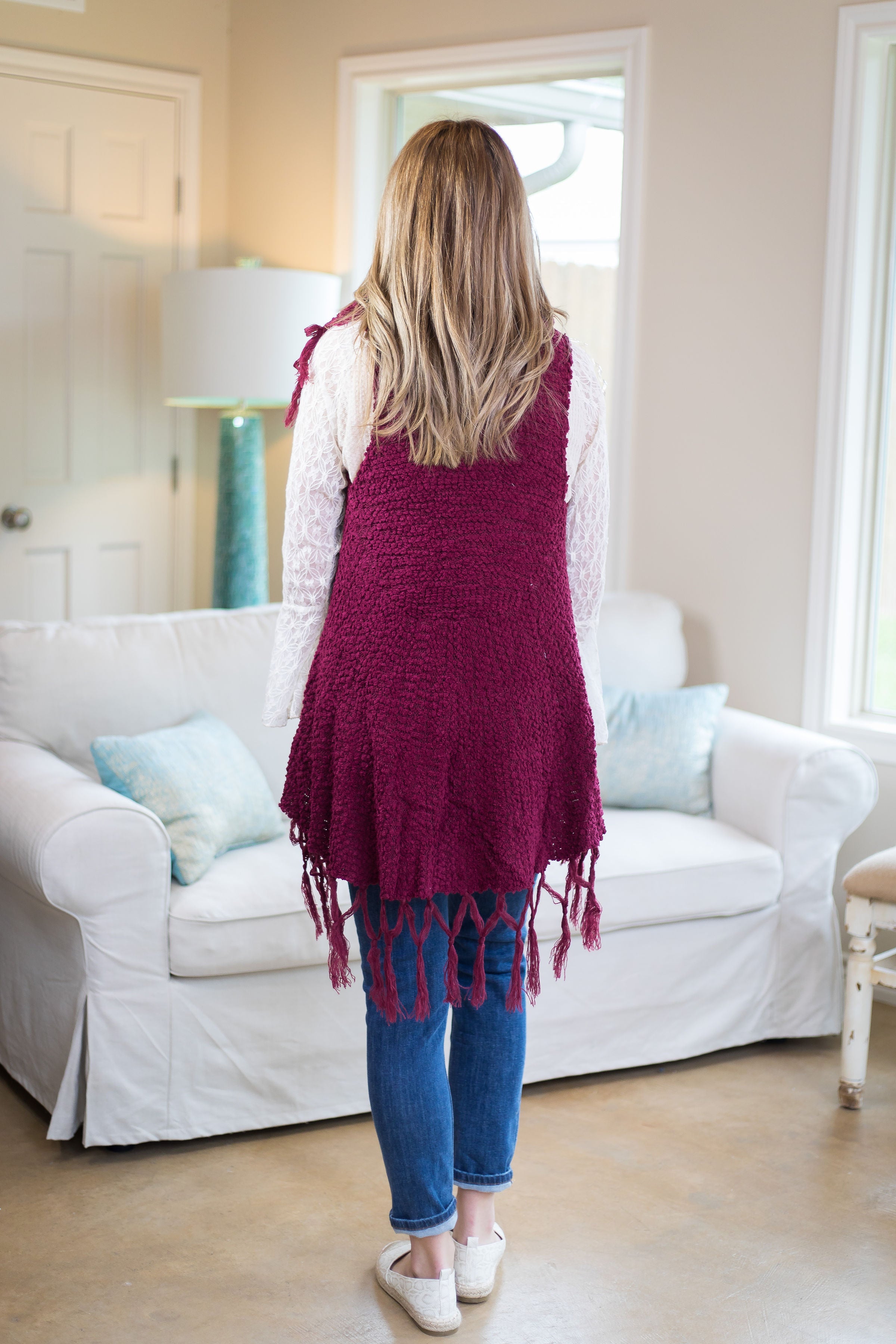 Sunday Sights Vest with Tassel Trim in Maroon - Giddy Up Glamour Boutique