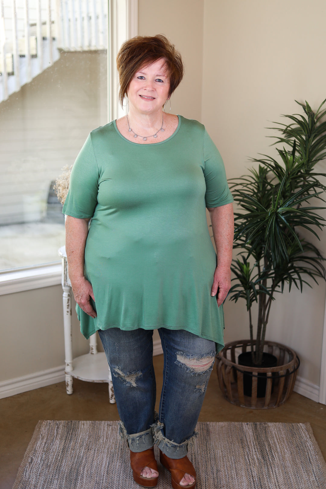 Whenever This Happens Solid Handkerchief Tunic Top in Sage Green - Giddy Up Glamour Boutique