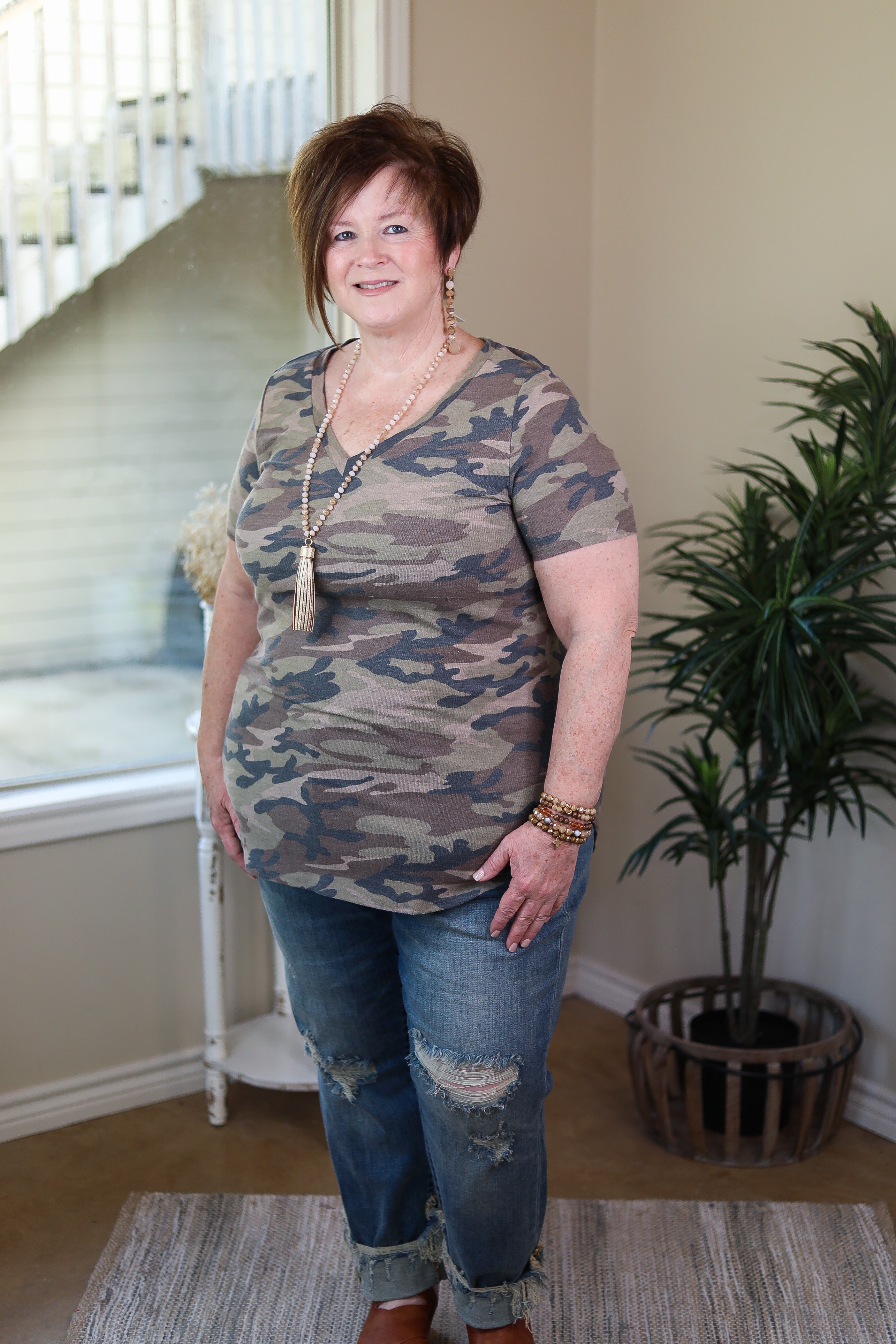 Simply The Best V Neck Short Sleeve Tee Shirt in Camouflage - Giddy Up Glamour Boutique