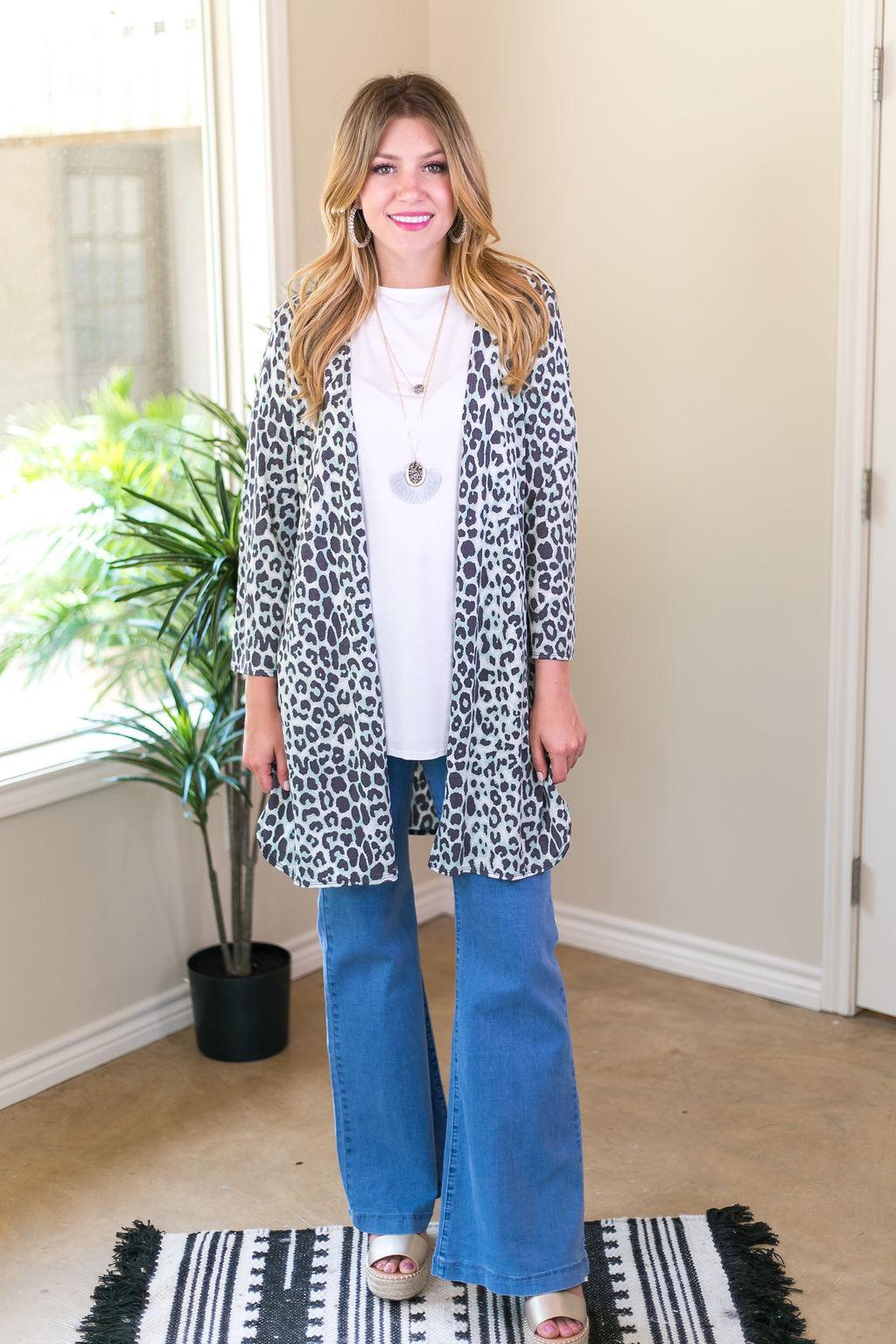 All Eyes On You Leopard Cardigan in Mint and Grey