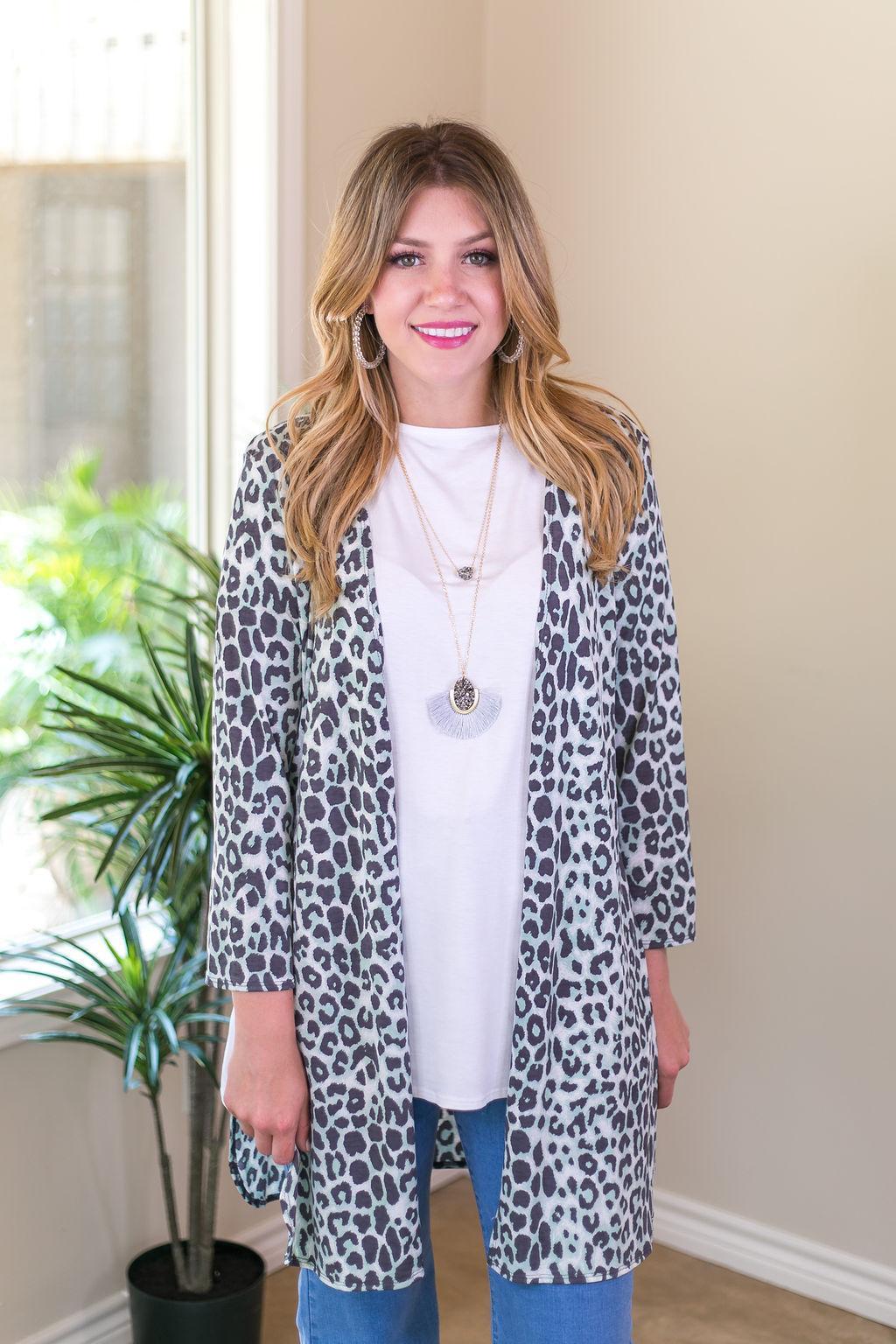 All Eyes On You Leopard Cardigan in Mint and Grey